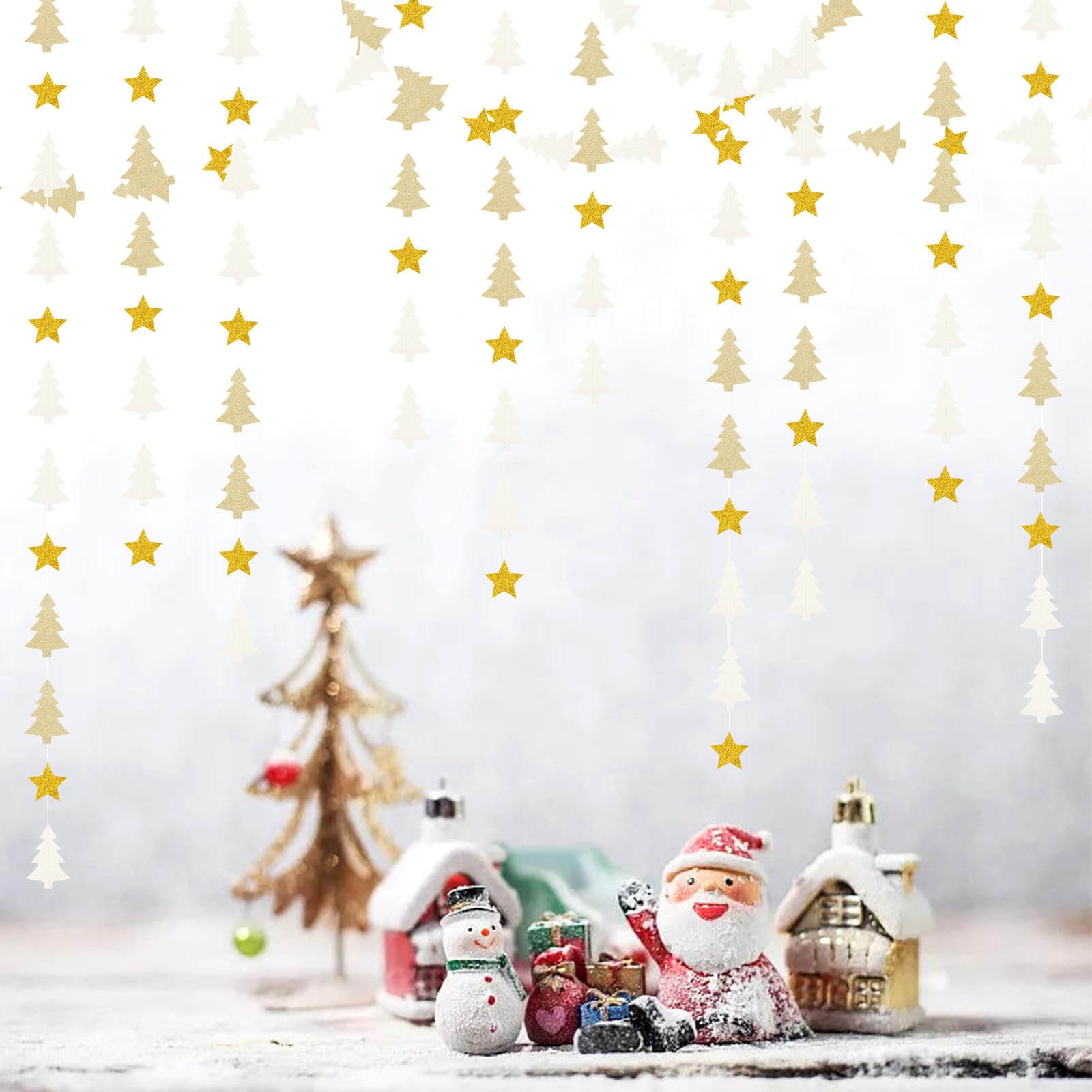 White-Gold Christmas-Tree Star Party-Decorations Garland - 52 Ft Winter New Year Supplies Hanging Paper Streamers Banner,Birthda