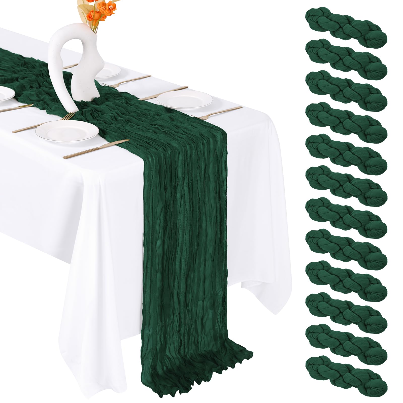 FANTEKE 12 Pack Emerald Green Cheesecloth Table Runner 20 x 120 Inch Gauze Table Runner Fabric Semi Sheer Cheese Cloth Table Dec