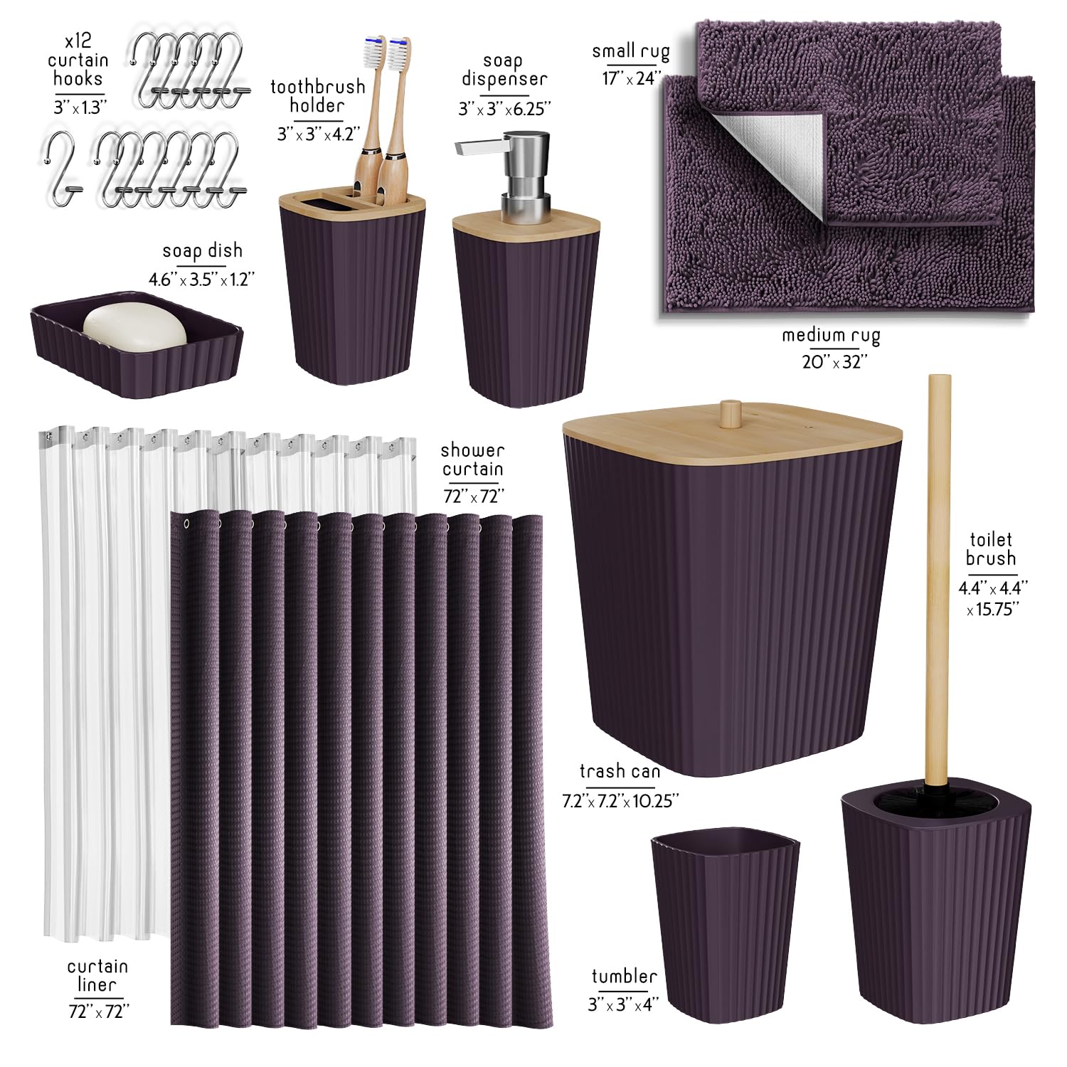 Clara Clark Bathroom Accessories Set - Purple Bathroom Set, Bathroom Sets With Shower Curtain And Rugs, 22Pc Shower Curtain Set