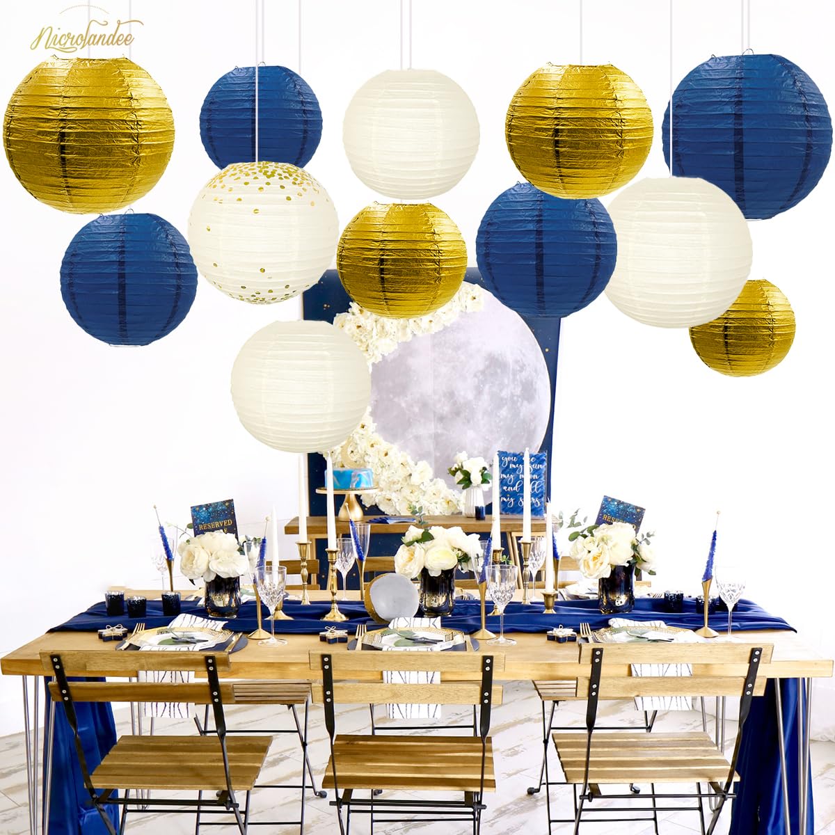 NICROLANDEE Party Decorations - 12PCS Navy Blue Gold Glitter Hanging Paper Lanterns for Graduation Decoration, Birthday, Bridal
