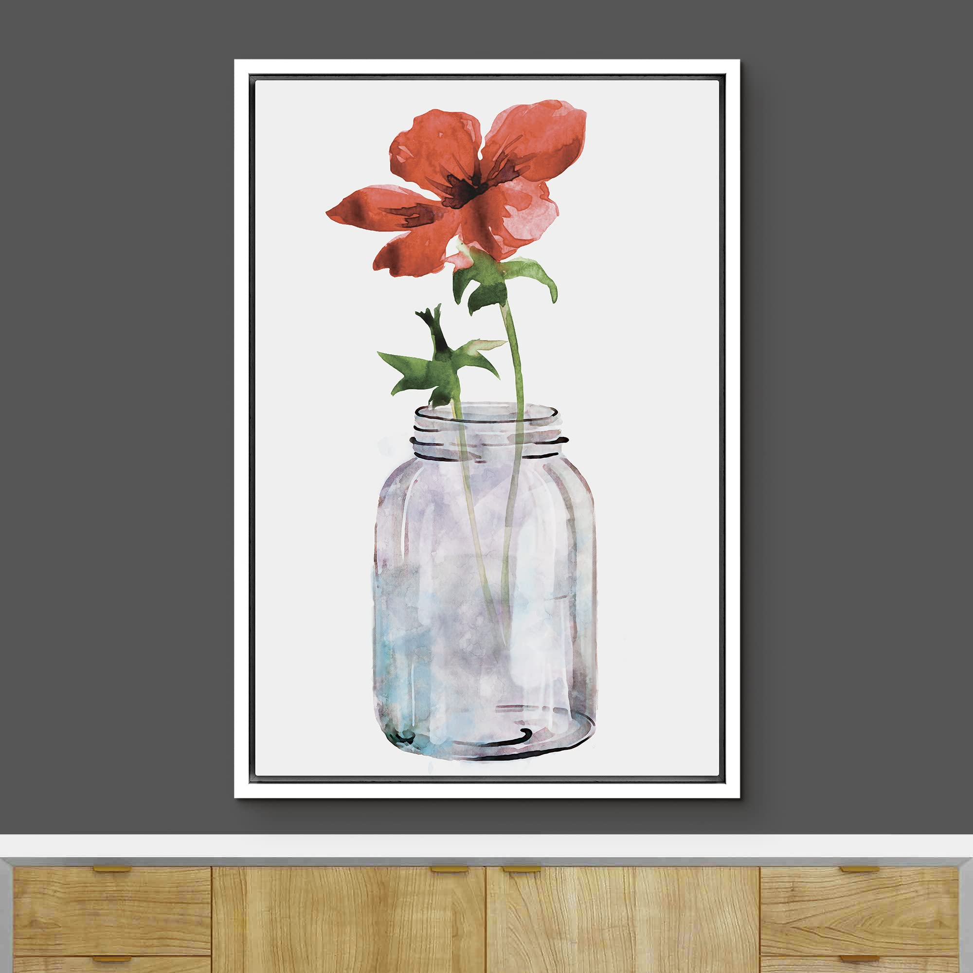 Ashbrook Framed Canvas Print Wall Art Watercolor Red Daisy Flower In Glass Vase Floral Botanical Illustrations Modern Rustic Sce