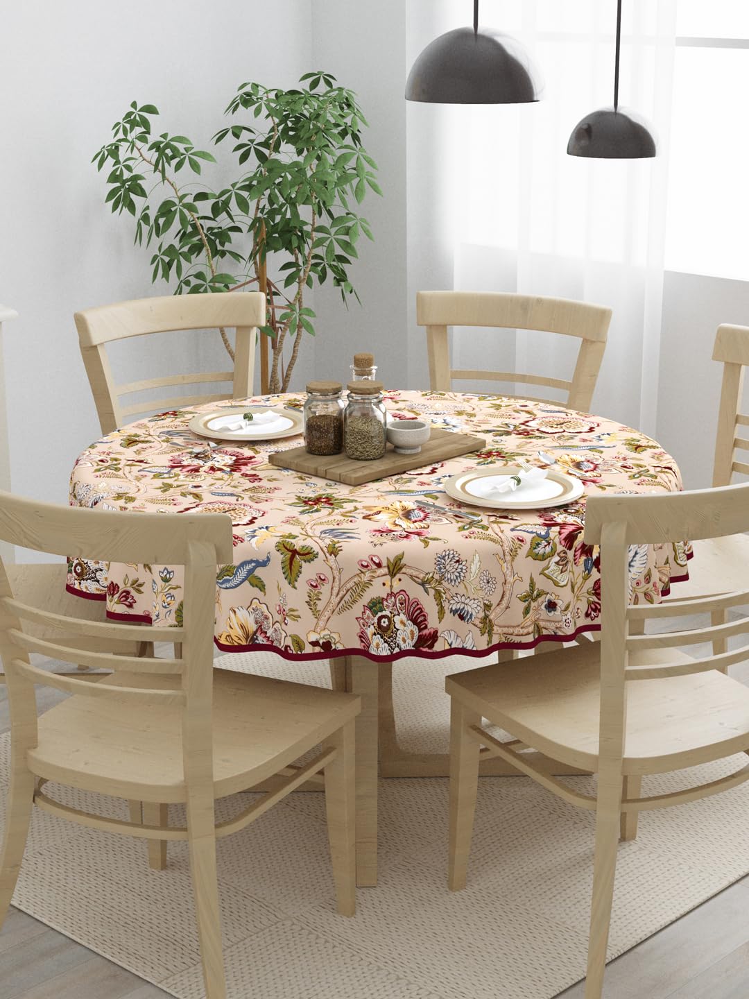 Clasiko 100% Cotton 6 Seater Round Table Cover; 72x72 Inches; Multicolor Flowers
