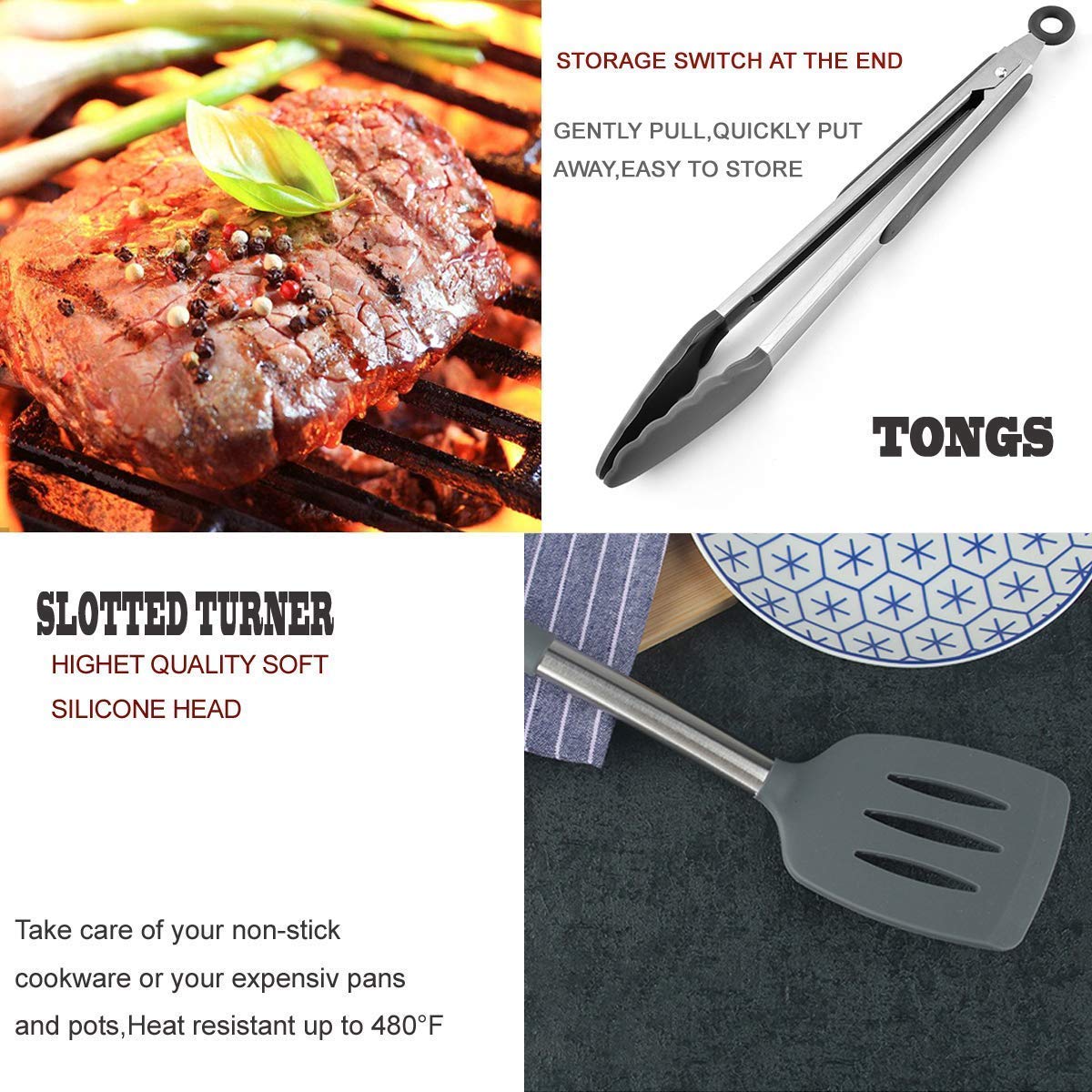 Silicone Kitchen Cooking Utensils Set With Stainless Steel Handle, Spatula Set Utensil Set, Cooking Utensil Set,Kitchen Tools Ga