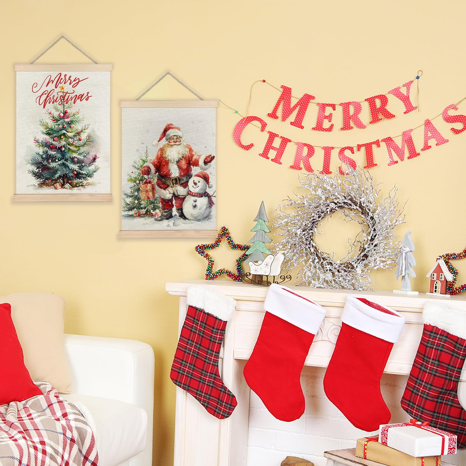 Luvadian Merry Christmas Wall Art With Wood Poster Hanger Set Of 2, Christmas Wall Decor, Christmas Tree Santa Claus Snowman Pos