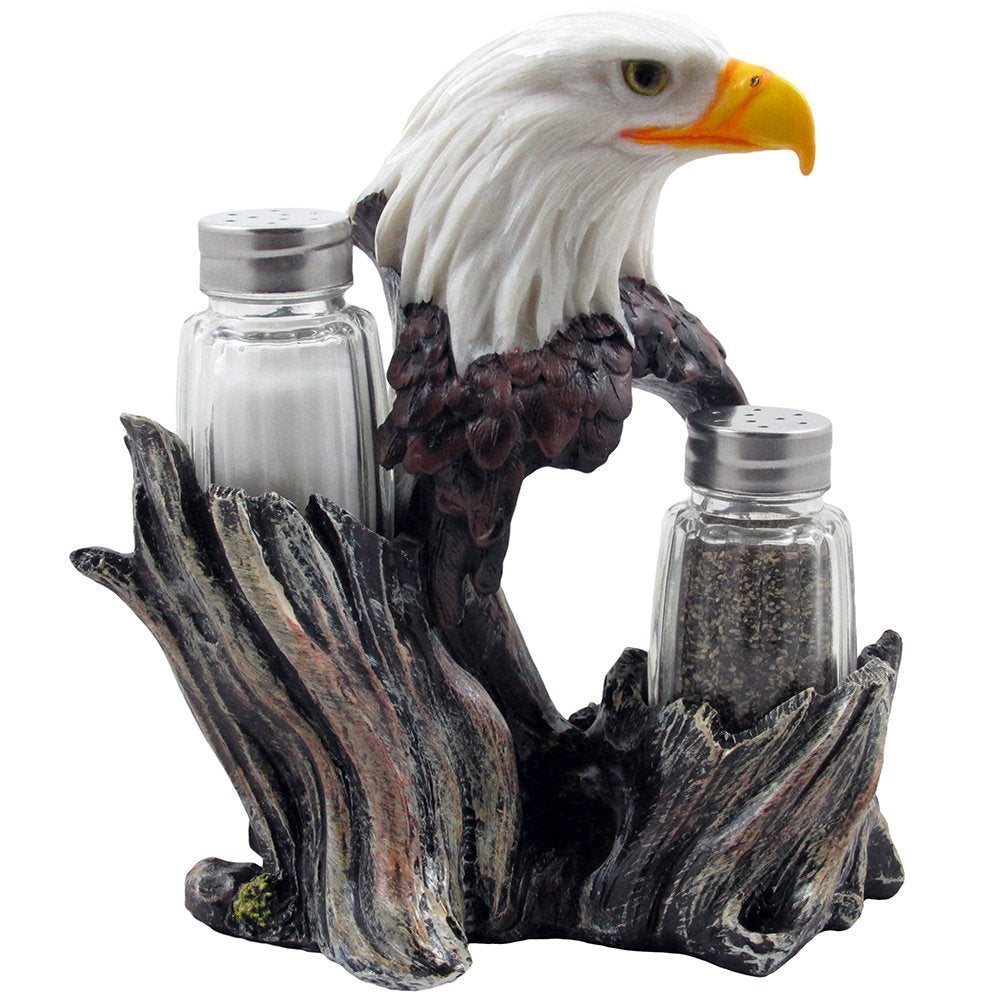 Bald Eagle Glass Salt & Pepper Shakers With Decorative Figurine Display Stand Set For American Patriotic Bar And Kitchen Decor S