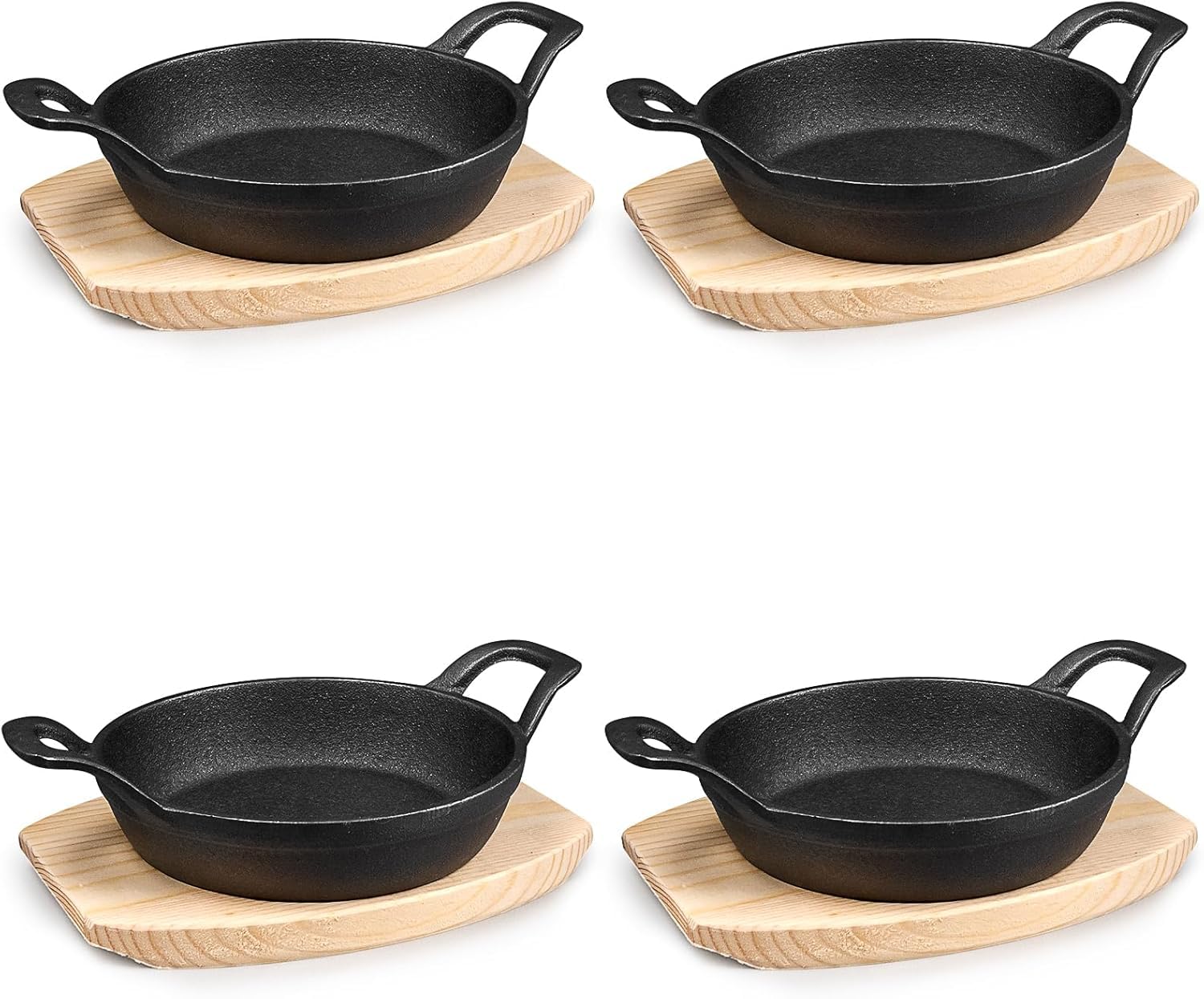 Komphy 4 Sets Mini Cast Iron Skillets, Small Cast Iron Serving Plate with Wooden Base, Fajita Frying Pan Round Sizzler for Kitch