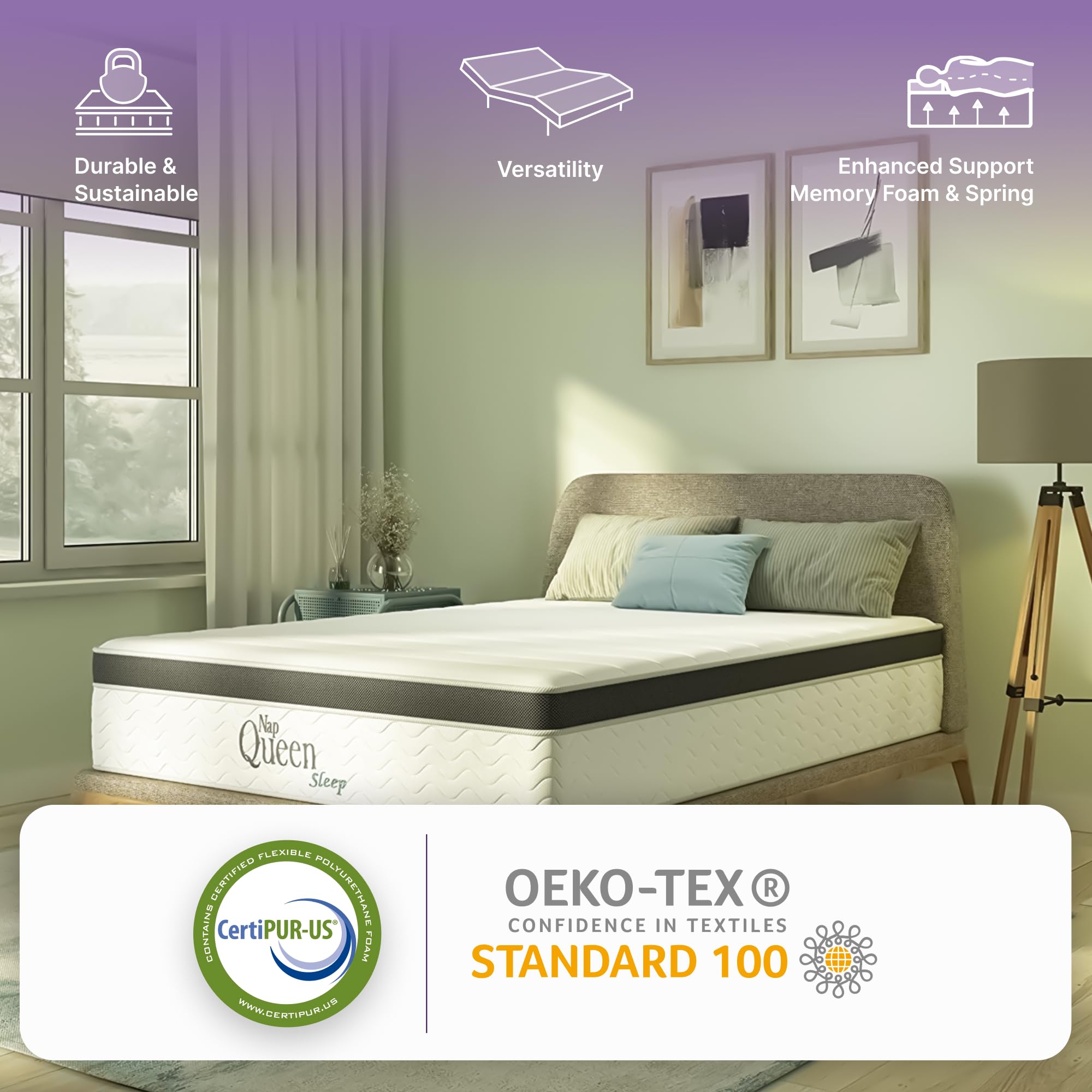 NapQueen 8 Inch Maxima Hybrid Mattress  Twin Size  Cooling Gel Infused Memory Foam and Innerspring Mattress  Bed in a Box White & Gray