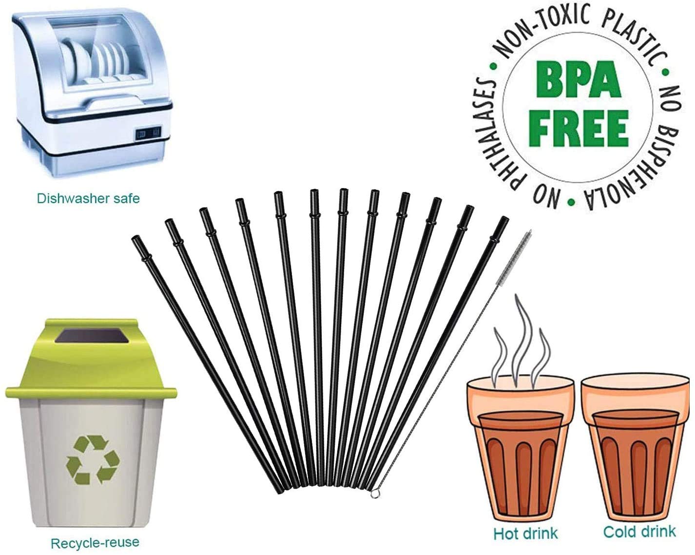 Dakoufish 12 Inch Long Black Reusable Plastic Replacement Drinking Straws For 30 Oz & 40 Oz Mason Jar,Tumblers, Set Of 12 With C