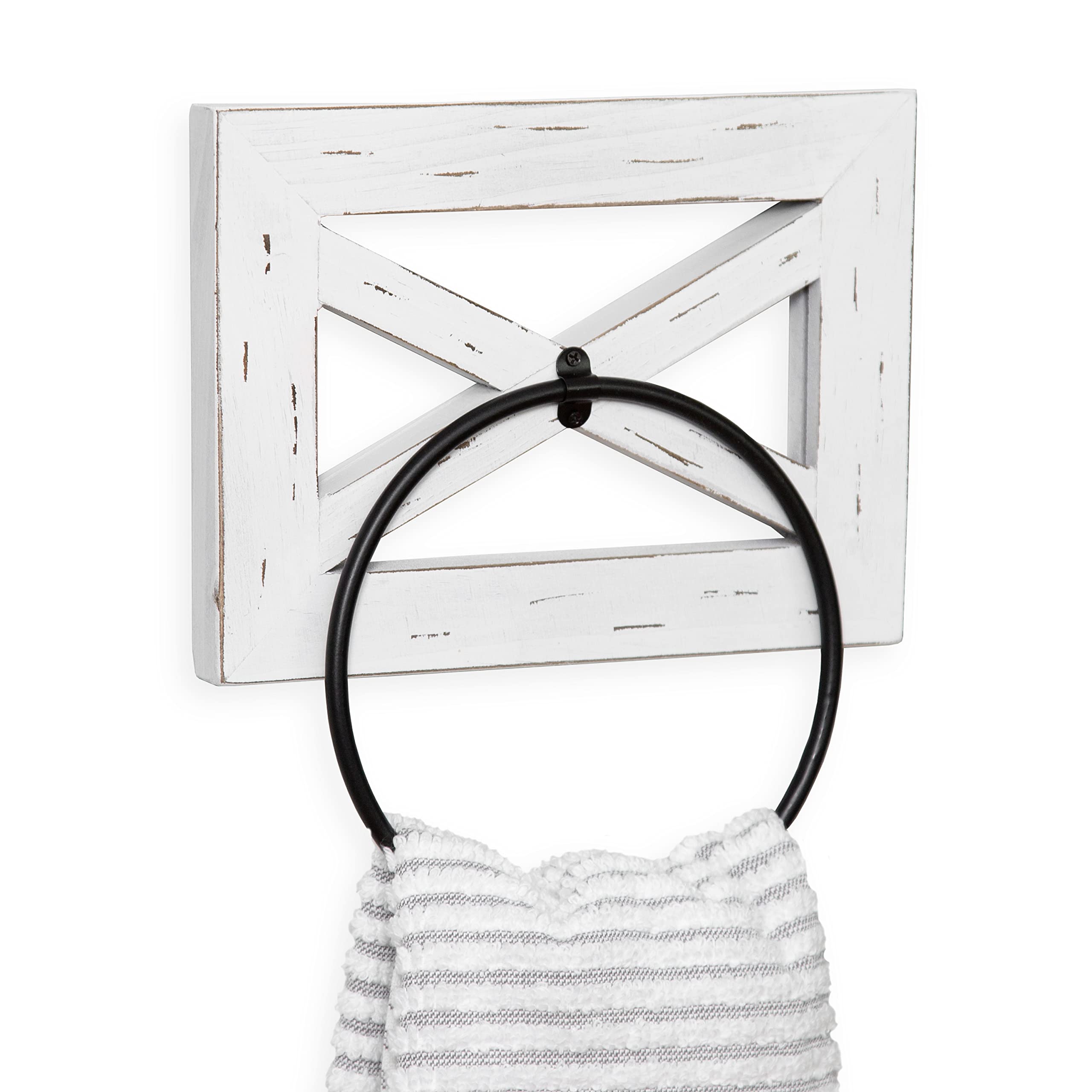 Ilyapa Rustic Hand Towel Ring For Bathroom- Wall Mounted Bathroom Hand Towel Holder - White Wood & Black Metal Ring, Farmhouse D