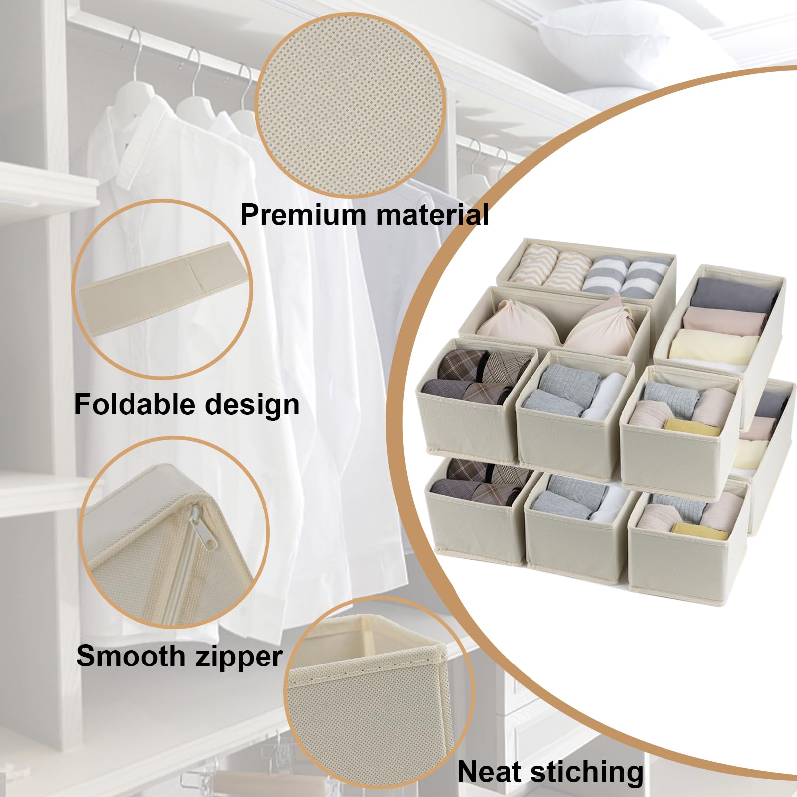 Fordonral Set of 12 Drawer Organizer, Fabric Closet Organizer and Storage Baskets,Foldable Drawer Divider for Clothing,Sock,Ties