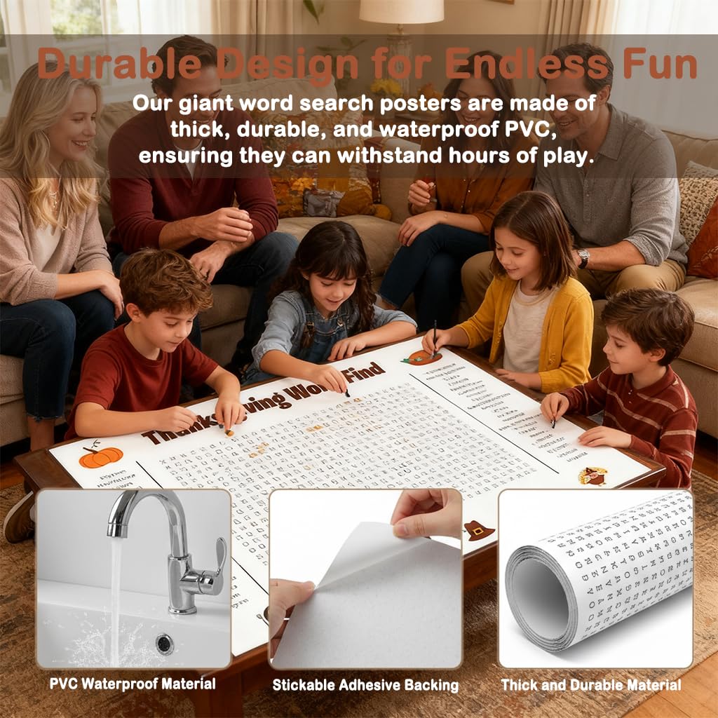 Jumbo Thanksgiving Word Search Poster, Giant Holiday Word Search Wall Poster for Thanksgiving and Christmas, 36 X 24 Wall Game w