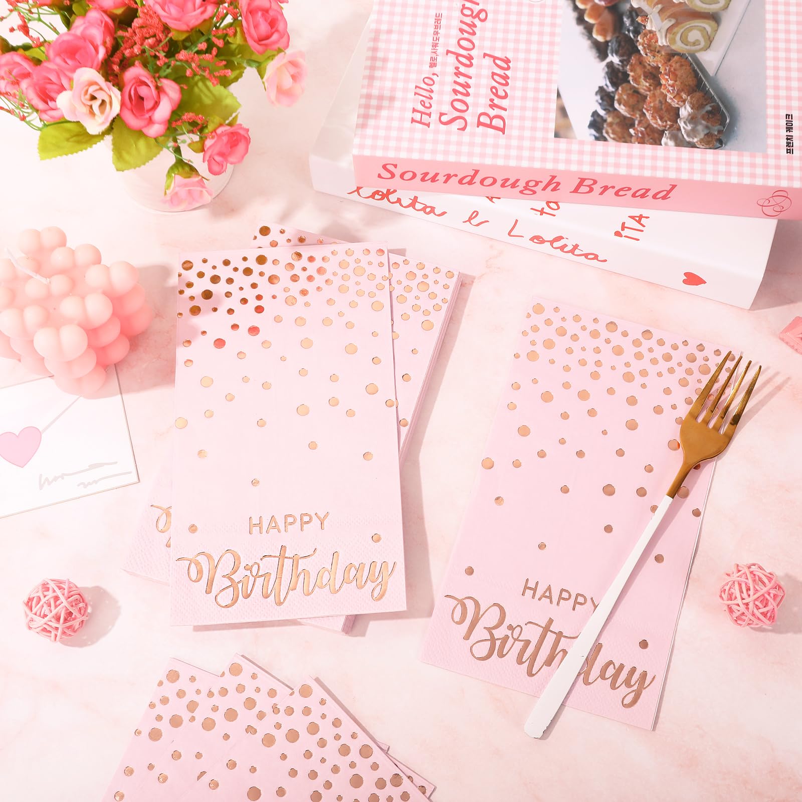 Jarthenaamcs 50Pcs Valentine'S Day Pink Happy Birthday Guest Napkins Rose Gold Foil Dots Birthday Disposable Paper Napkins Dinne