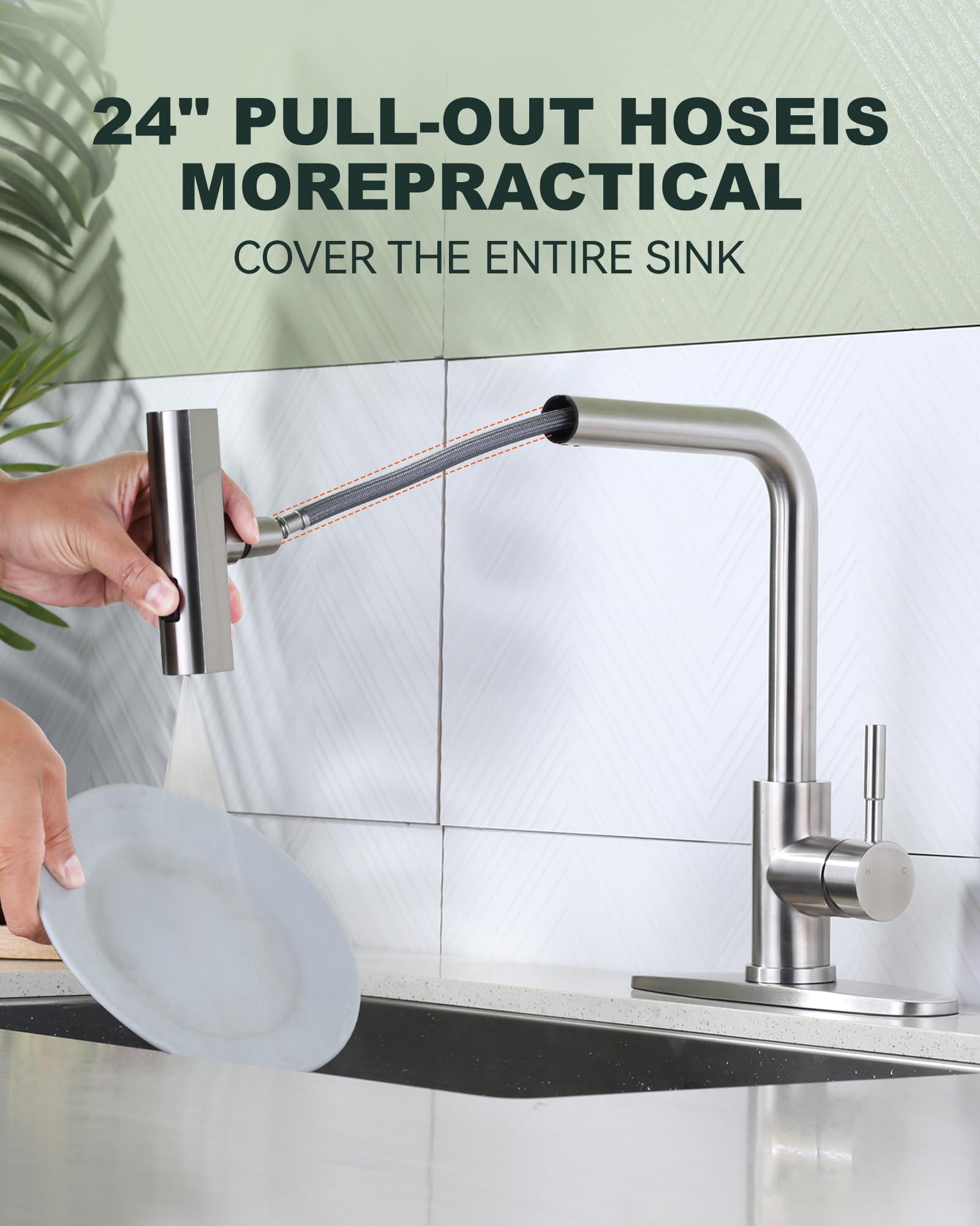 Waterfall Kitchen Sink Faucet With Sprayer: 3 Modes(Waterfall/Stream/Sweep) Pull Down Sprayer - Iviga Brushed Nickel Splash Proo