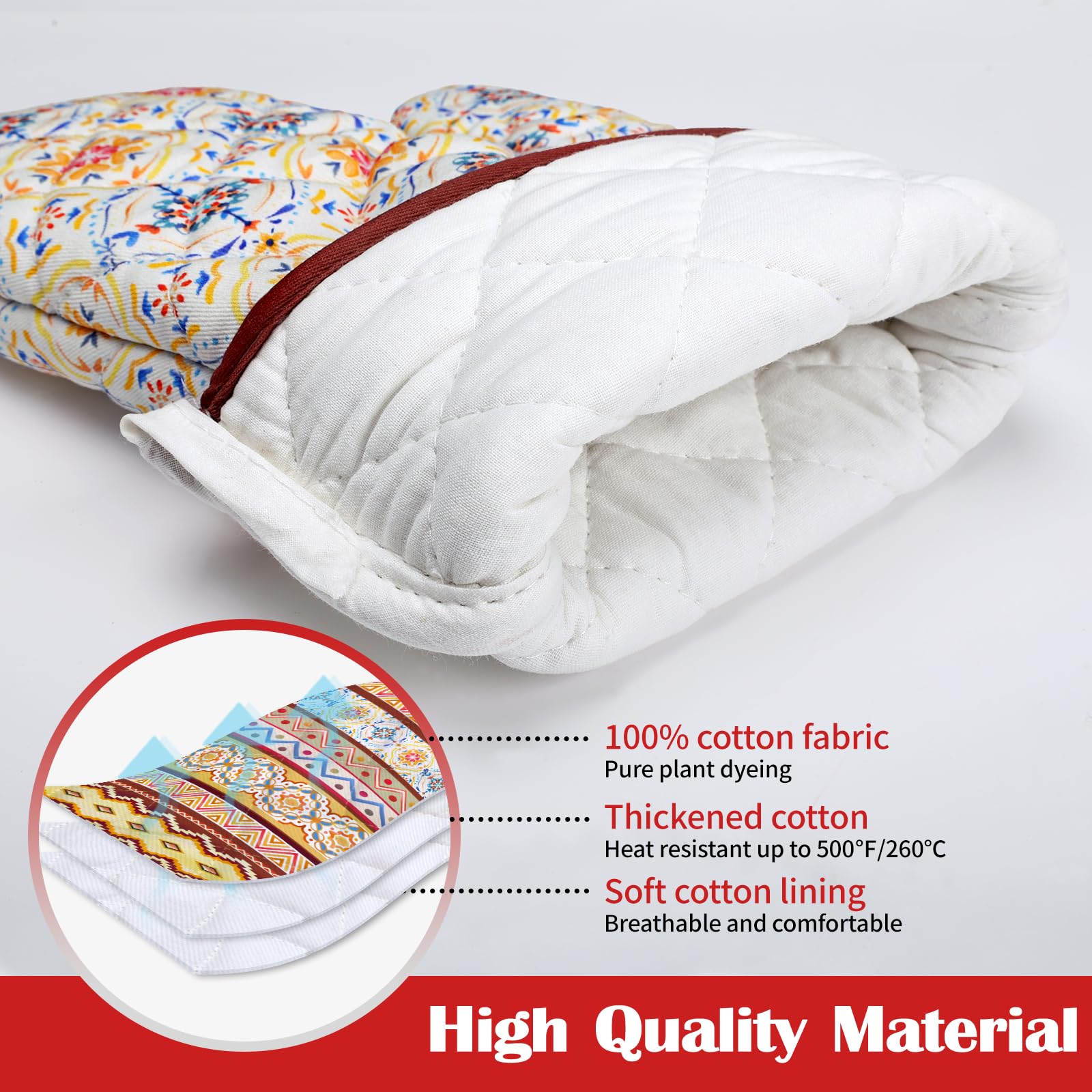 Arquiel Boho Floral Oven Mitts And Pot Holders Sets 2Pcs, 100% Cotton Heat Resistant, Extra Long Oven Gloves Potholder For Kitch