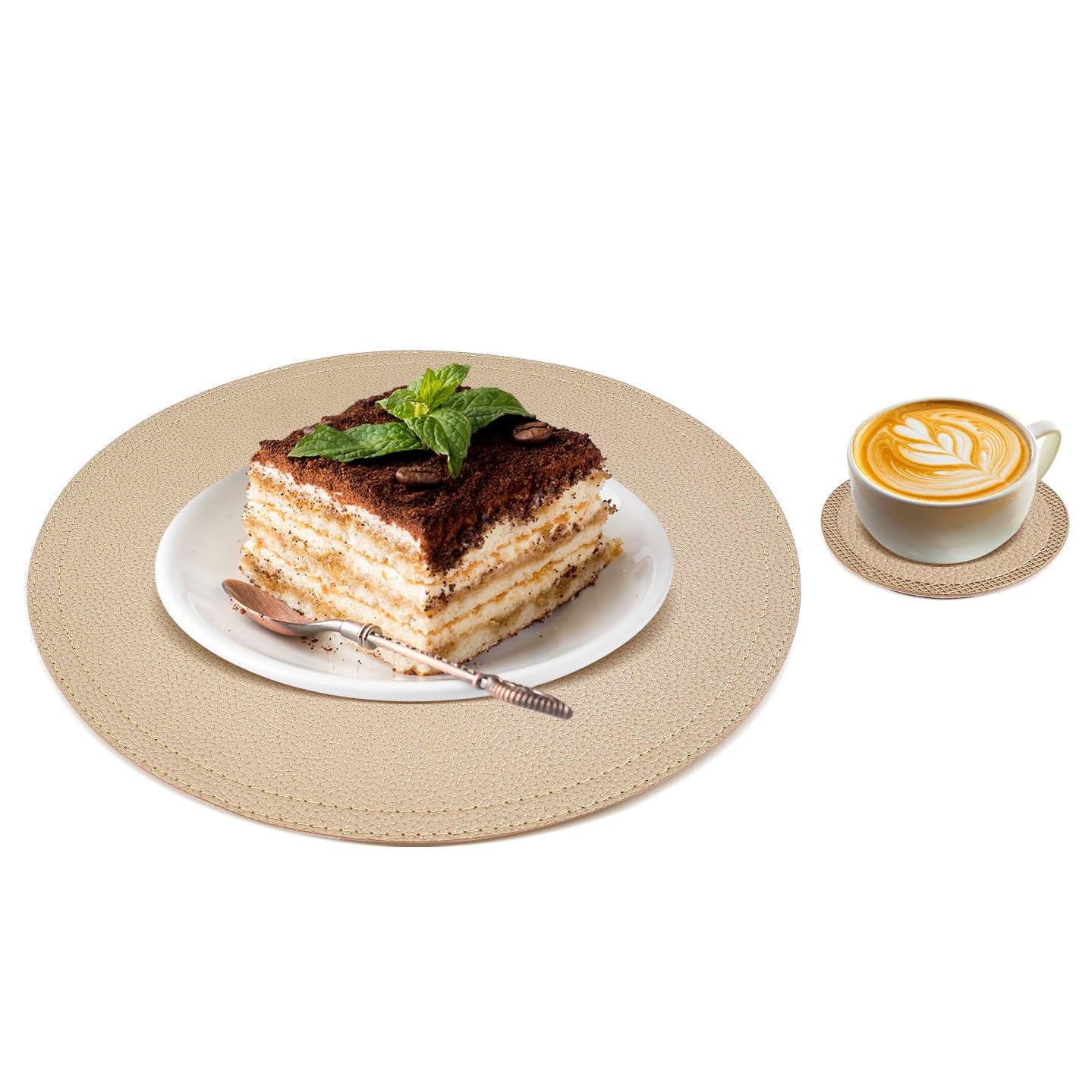 Set Of 8 Faux Leather Gold Round Placemats And Coasters, Coffee Mats Kitchen Table Mats, Waterproof, Easy To Clean For Kitchen D