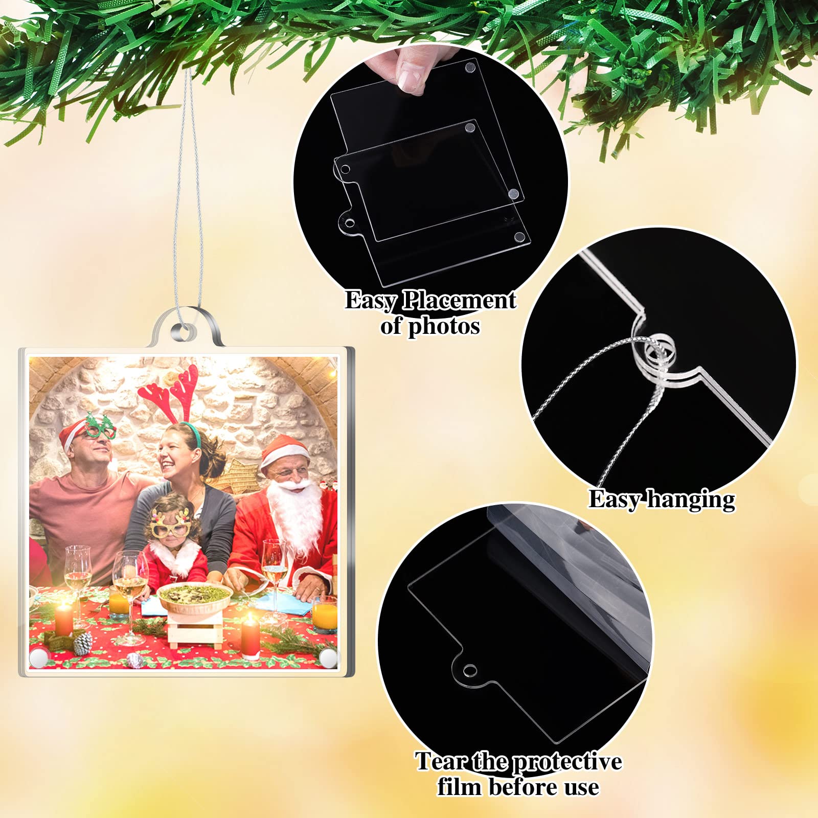 Weysat 8 Pcs Christmas Acrylic Photo Ornaments Hanging Picture Frame Ornaments Wallet Size Picture Frames for Christmas Tree Dec