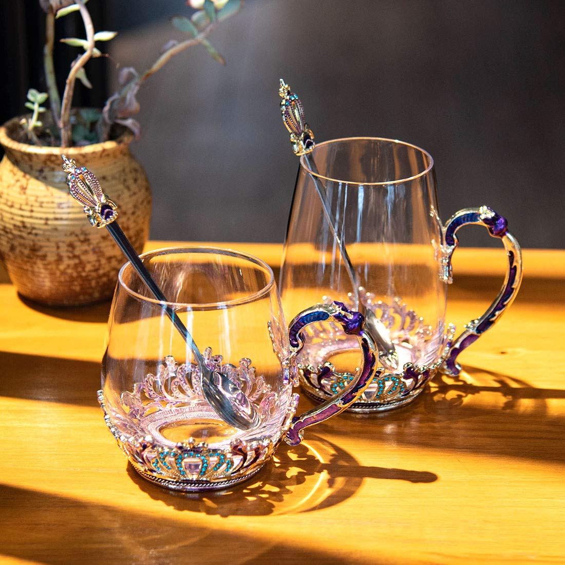 Swthony Glass Fancy Tea Cup Mug With Spoon European Style Carved Flower Coffee Mugs Set Birthday Gift For Women Wife Mom Grandma