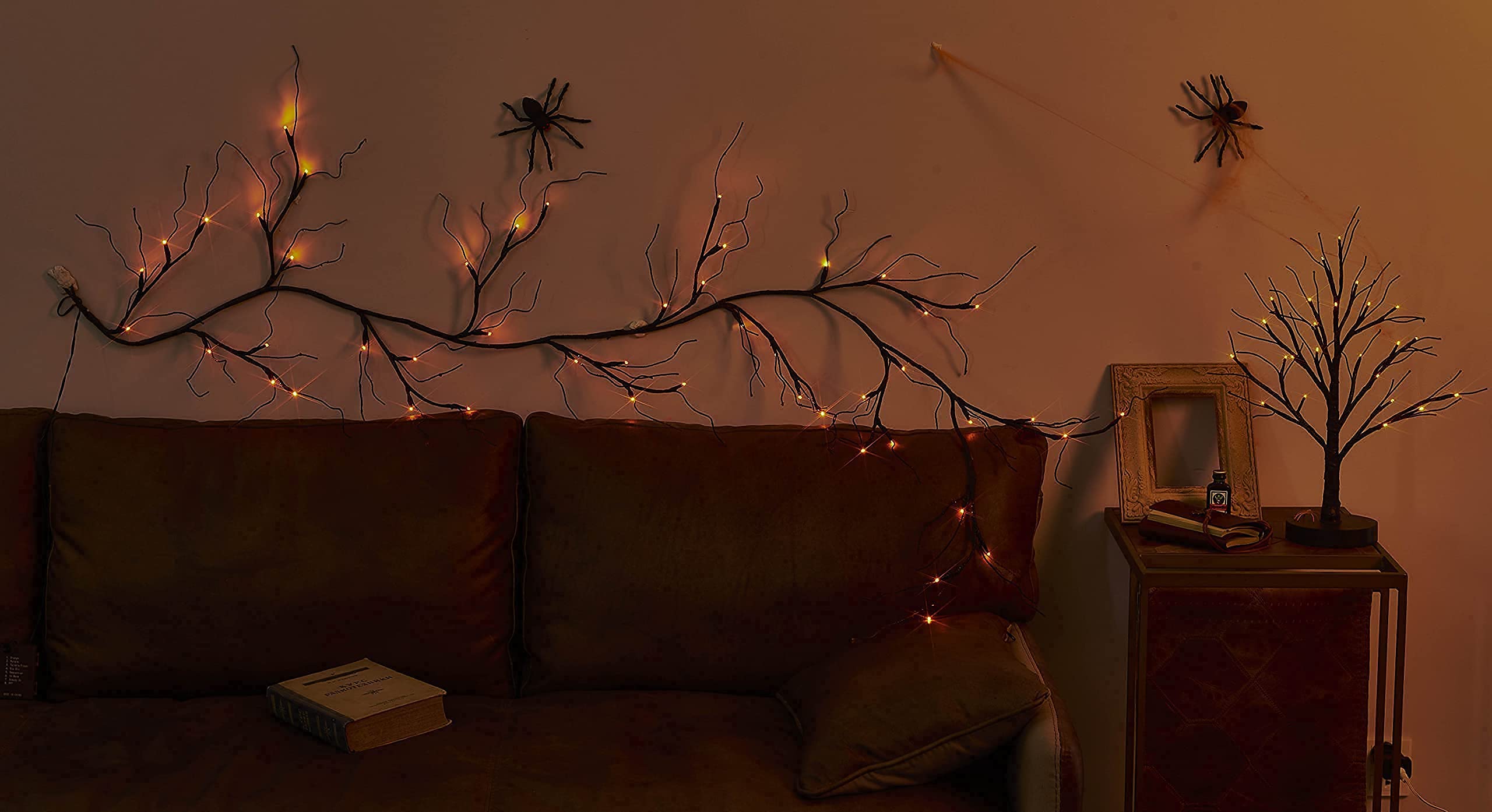 LITBLOOM Lighted Black Glittered Garland with 48 Orange and Purple Bi-Color Lights, Halloween Garland with Lights 8 Functions 6F