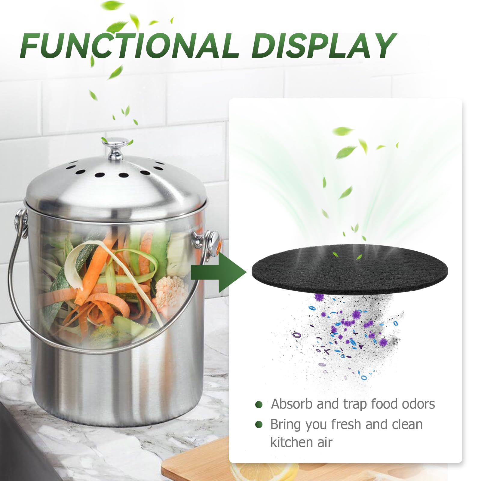 Compost Bin Filter, 6.7 Inch Charcoal Filters For Kitchen Compost Bucket Home Countertop Compost Pail Relpacement Filter, 12-Pac