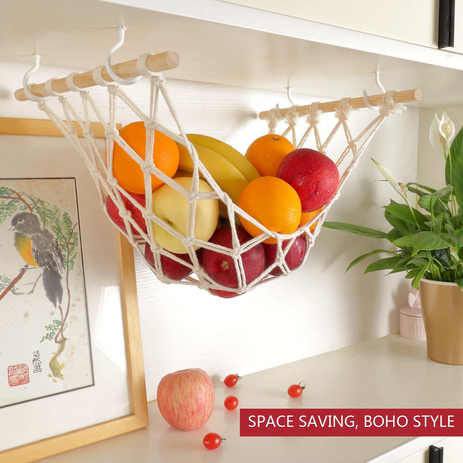 Evbopa Hanging Fruit Hammock For Kitchen Under Cabinet Macrame Fruit Basket For Bananas Fruit Storage With Hooks For Kitchen D