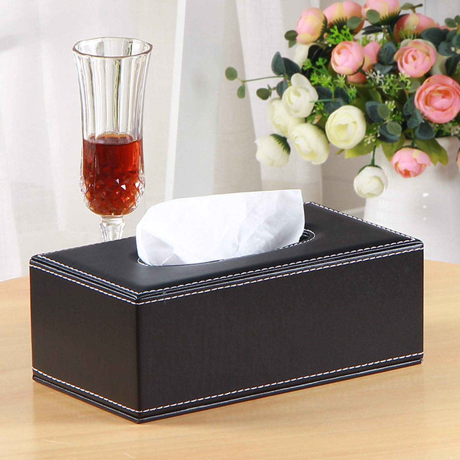 High-End Fashion Pu Leather Tissue Box Holder Black With Lid, Rectangular Napkin Facial Tissues Holder Dispenser,Home Office Car