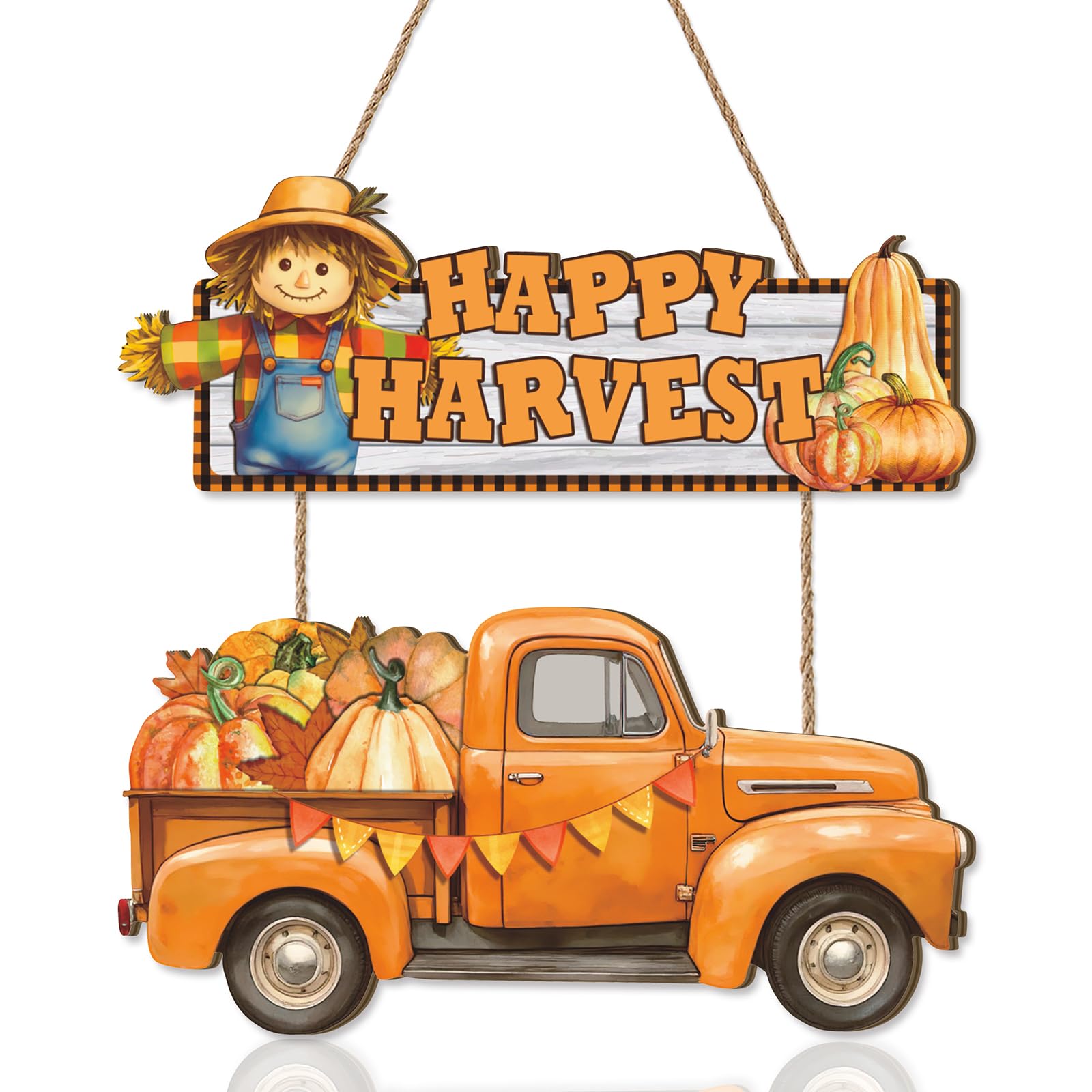 Ausril Happy Harvest Door Sign,Happy Thanksgiving Wooden Sign,Fall Truck Decor,Autumn Harvest Wall Plaque,Scarecrow Wall Hanging