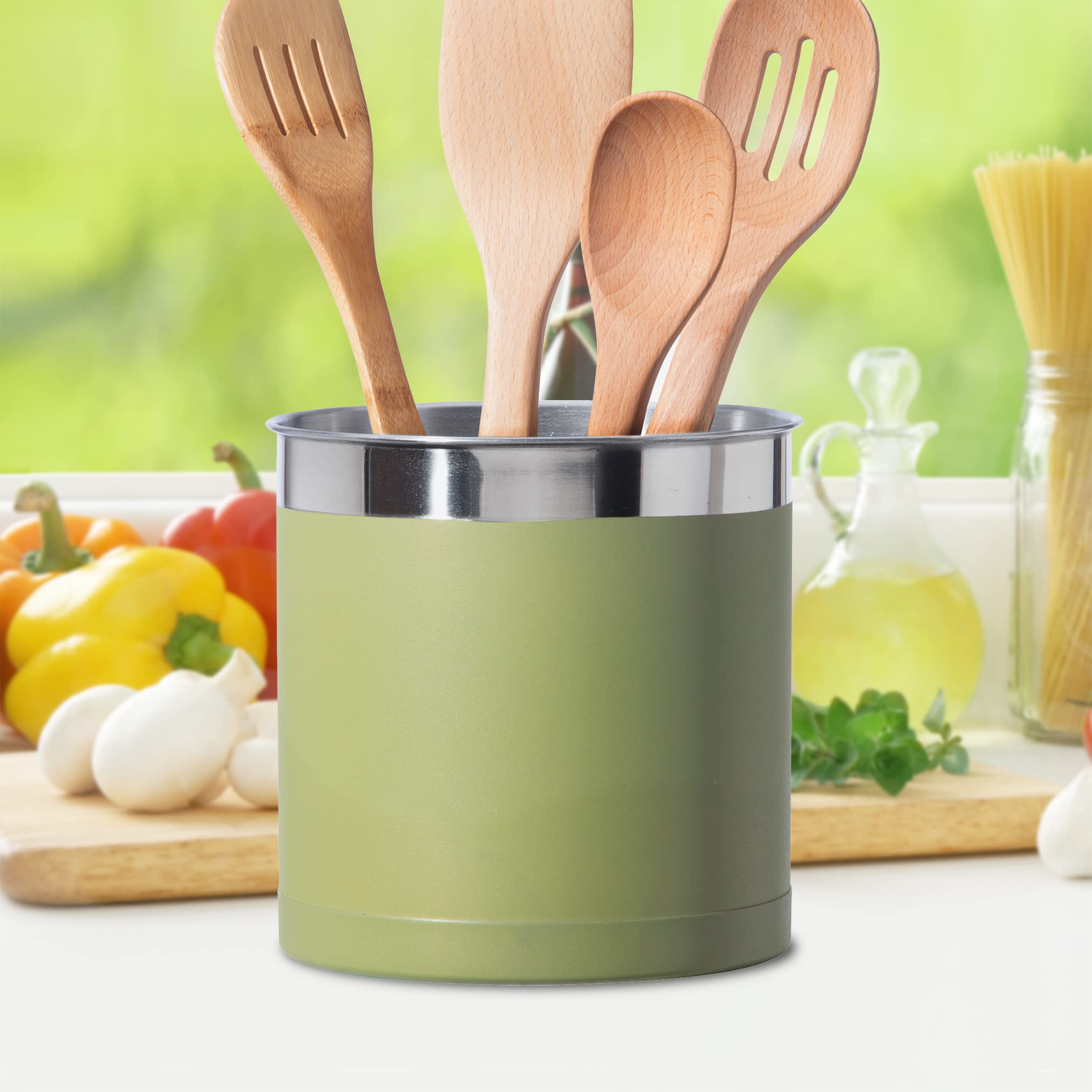 Oggi Stainless Steel Jumbo Utensil Holder - 7'' Utensil Caddy  Weighted Base for Stability - Extra Large Utensil Crock and Countertop Utensil Organizer  Olive
