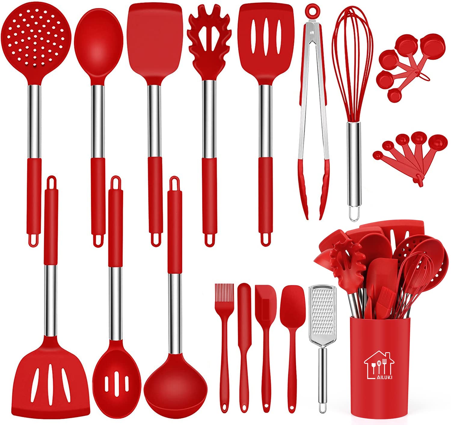 Silicone Cooking Utensil Set,Kitchen Utensils 26 Pcs Set,Non-Stick Heat Resistant Silicone,Cookware With Stainless Steel Handle