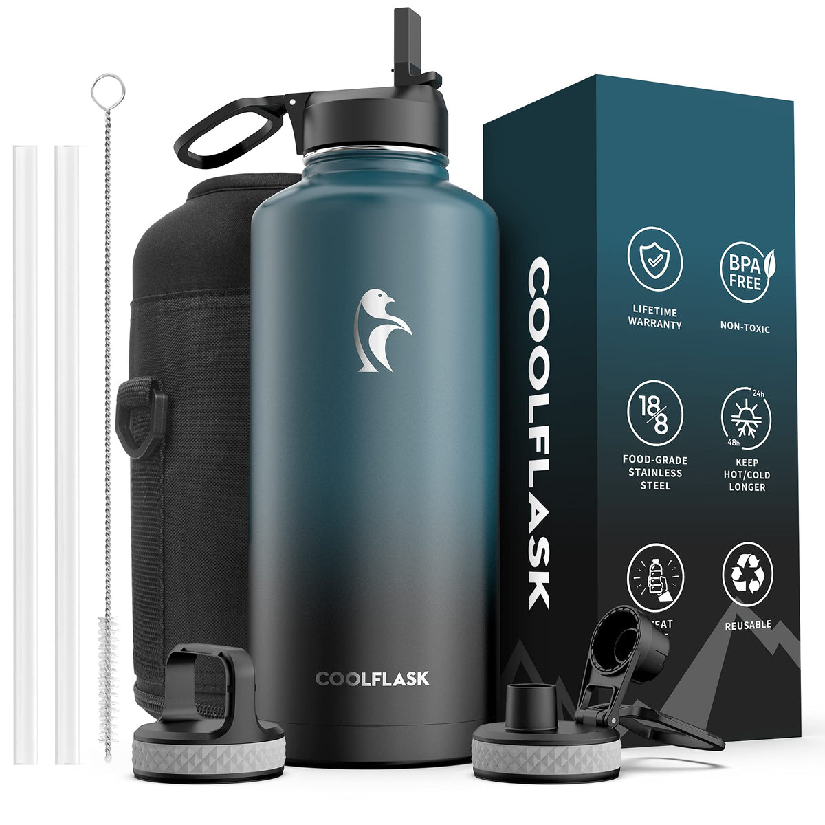 Coolflask Water Bottle 87 Oz With Straw, 2/3 Gallon Insulated Stainless Steel Large 3 Lids Big Water Jug For Sports Or Office, N
