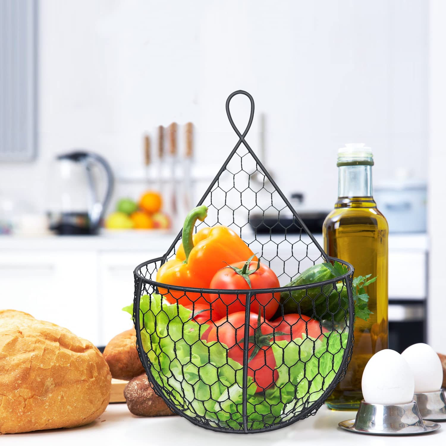 Erytlly Metal Fruit And Vegetable Storage Hanging Basket Wall Mounted, For Kitchen Black Wire Baskets For Flowers, Fruits And Ve