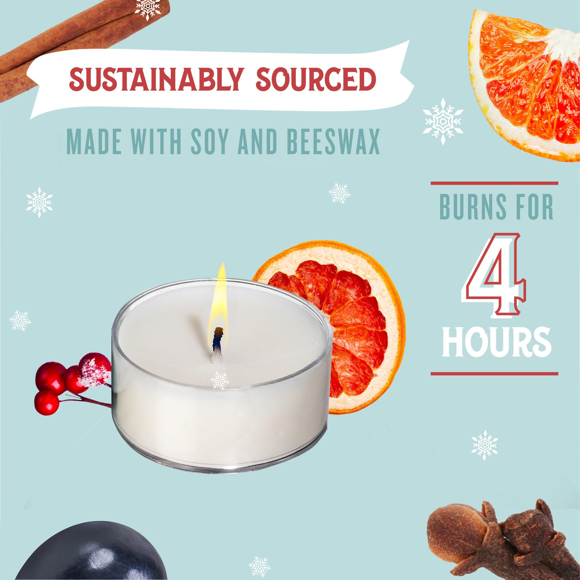 Santa s Naturals Winter Berry Christmas Tea Light Candles for Holidays & Gifts, Cinnamon & Spice Scent, Soy & Beeswax Blend, 4-H