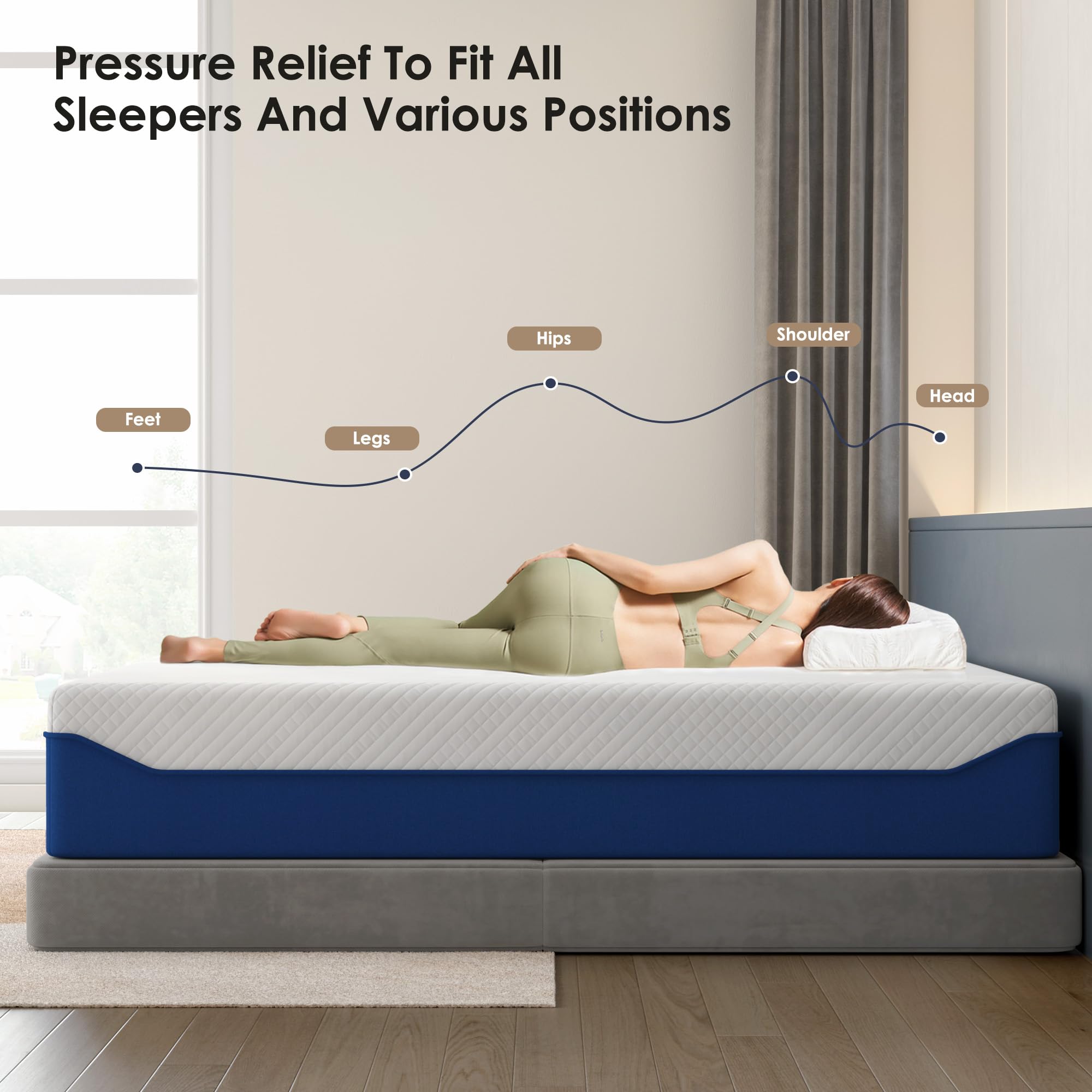 SogesSleep 14 Inch Queen Mattress, Green Tea Memory Foam Mattress Queen Size for Pressure Relief, Medium Firm Gel-Infused Bed in