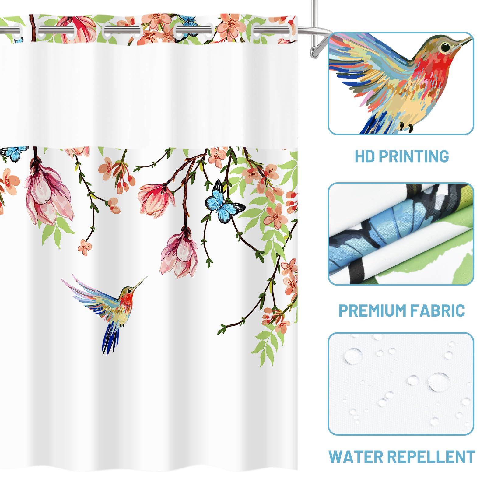 Withloc No Hook Shower Curtain With Snap In Liner - Fabric Waterproof Inner Liner, Plants Pink Floral Blue Nature Birds Cloth Sh