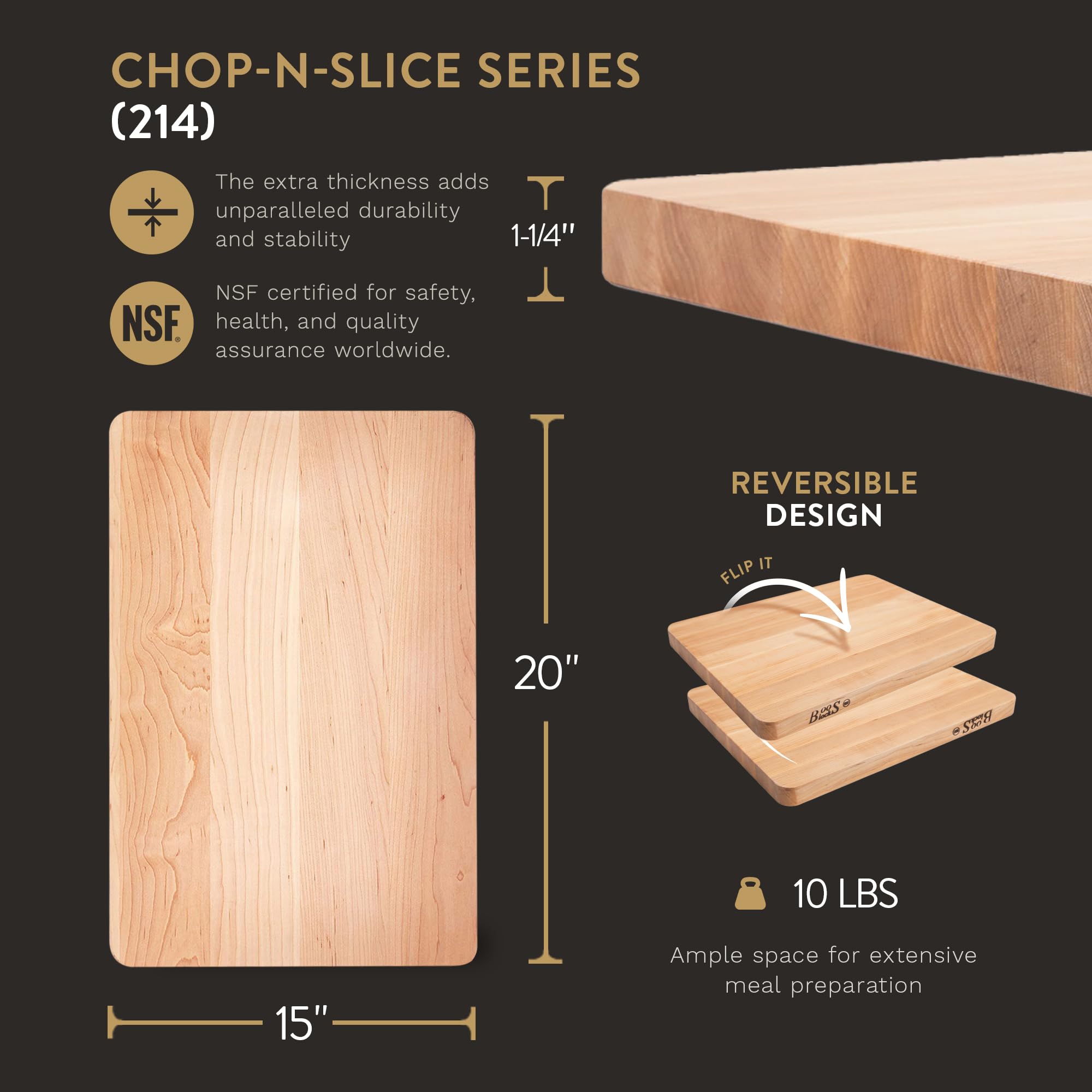 John Boos Boos Block Chop-N-Slice Series Reversible Wood Cutting Board With Eased Corners, 1.25-Inch Thickness, 20'' X 15'' X 1