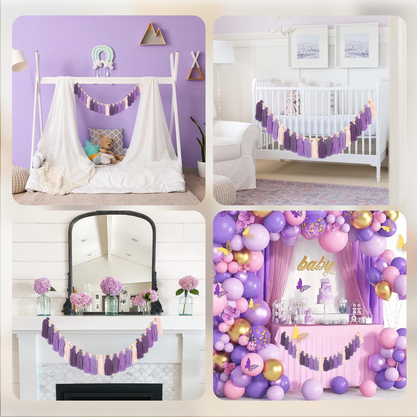 GIAUMA Purple Yarn Tassel Garland with Wood Beads Boho Lavender Wall Hanging Bunting Banner Decor for Classroom Kids Dorm Room B