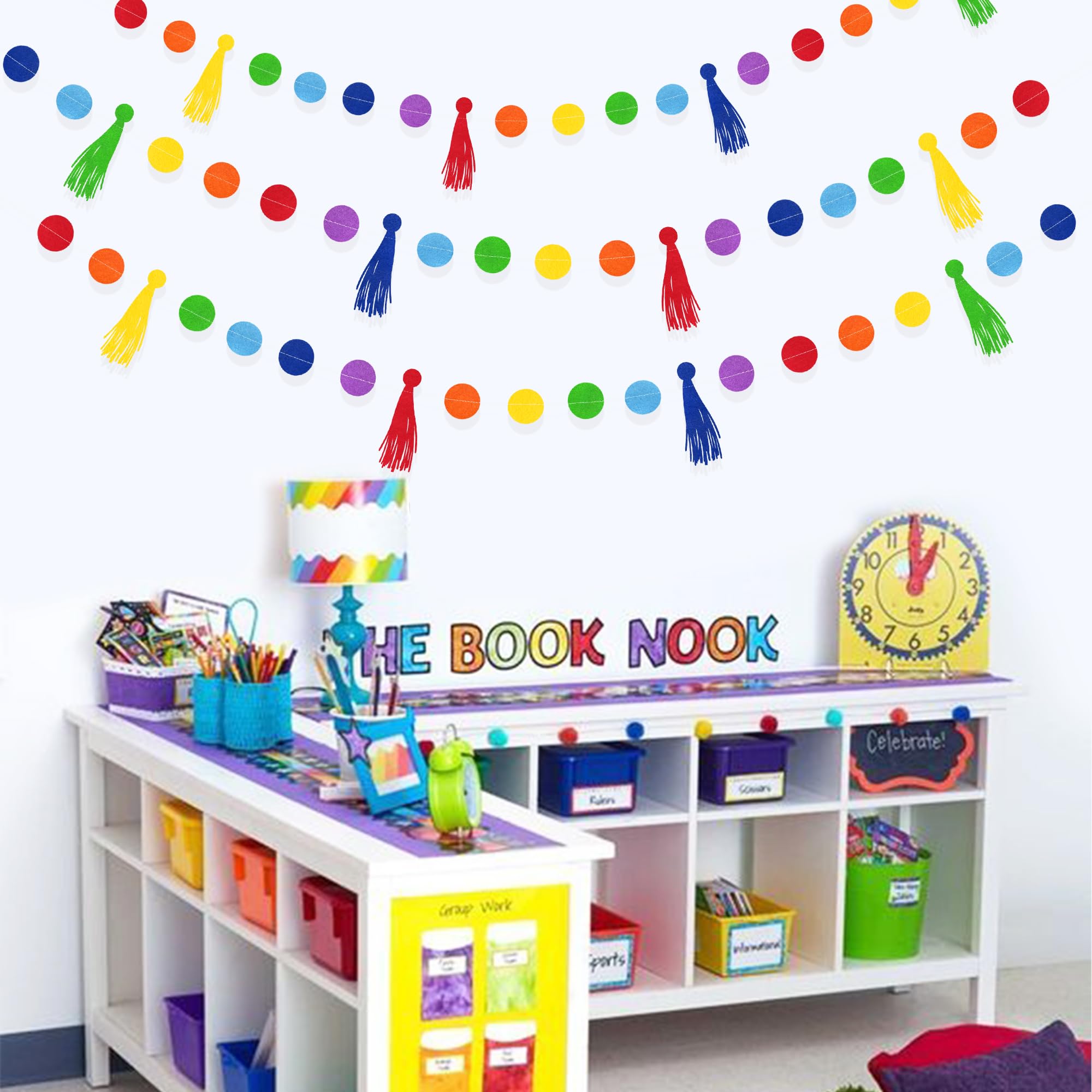 Rainbow Decorations Colorful Felt Tassel Circle Dot Garland Banner Rainbow Hanging Polka Dot Tassel Streamer For Classrooms Pres