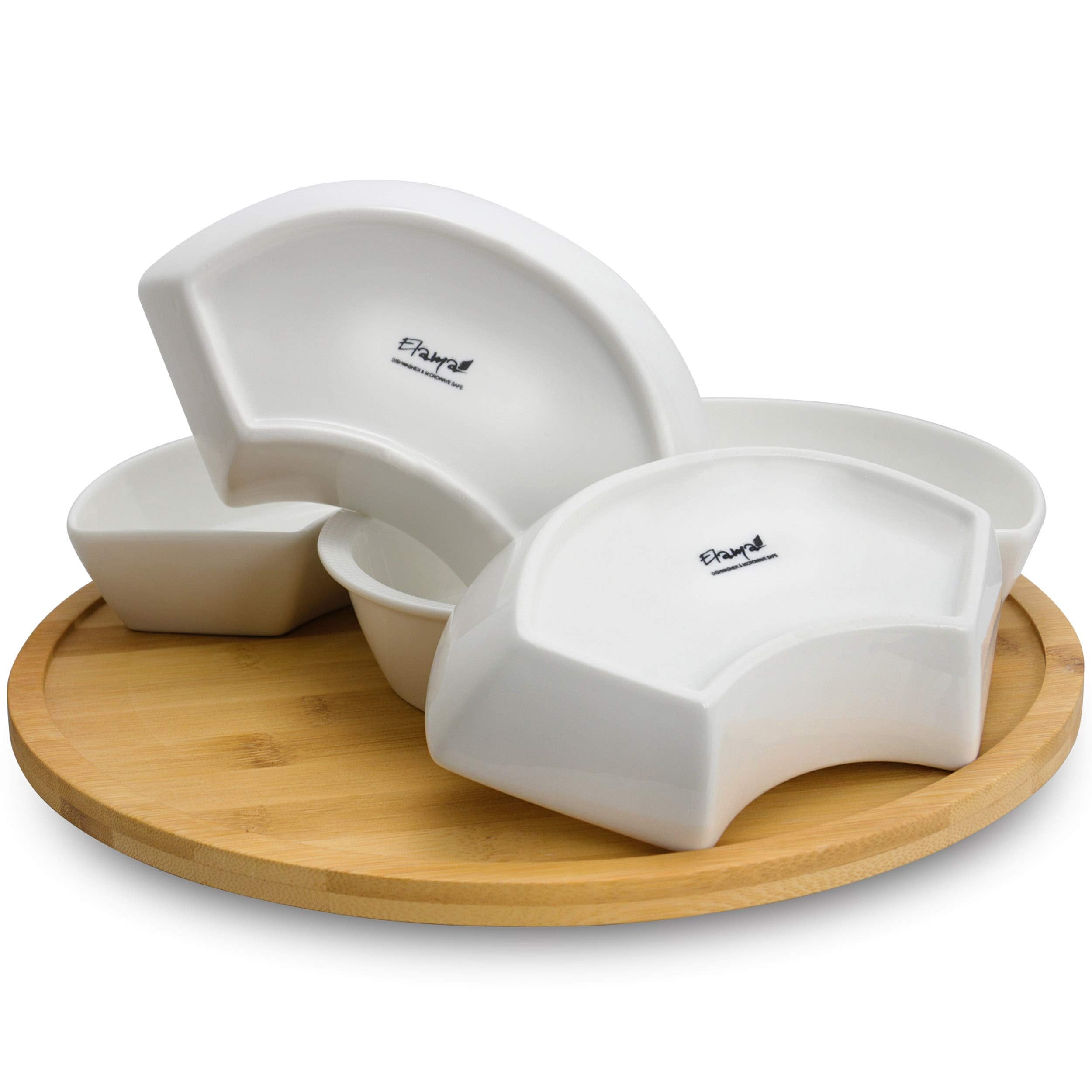 Elama Ceramic Stoneware Condiment Appetizer Set, 6 Piece, Compartment Round In White And Natural Bamboo