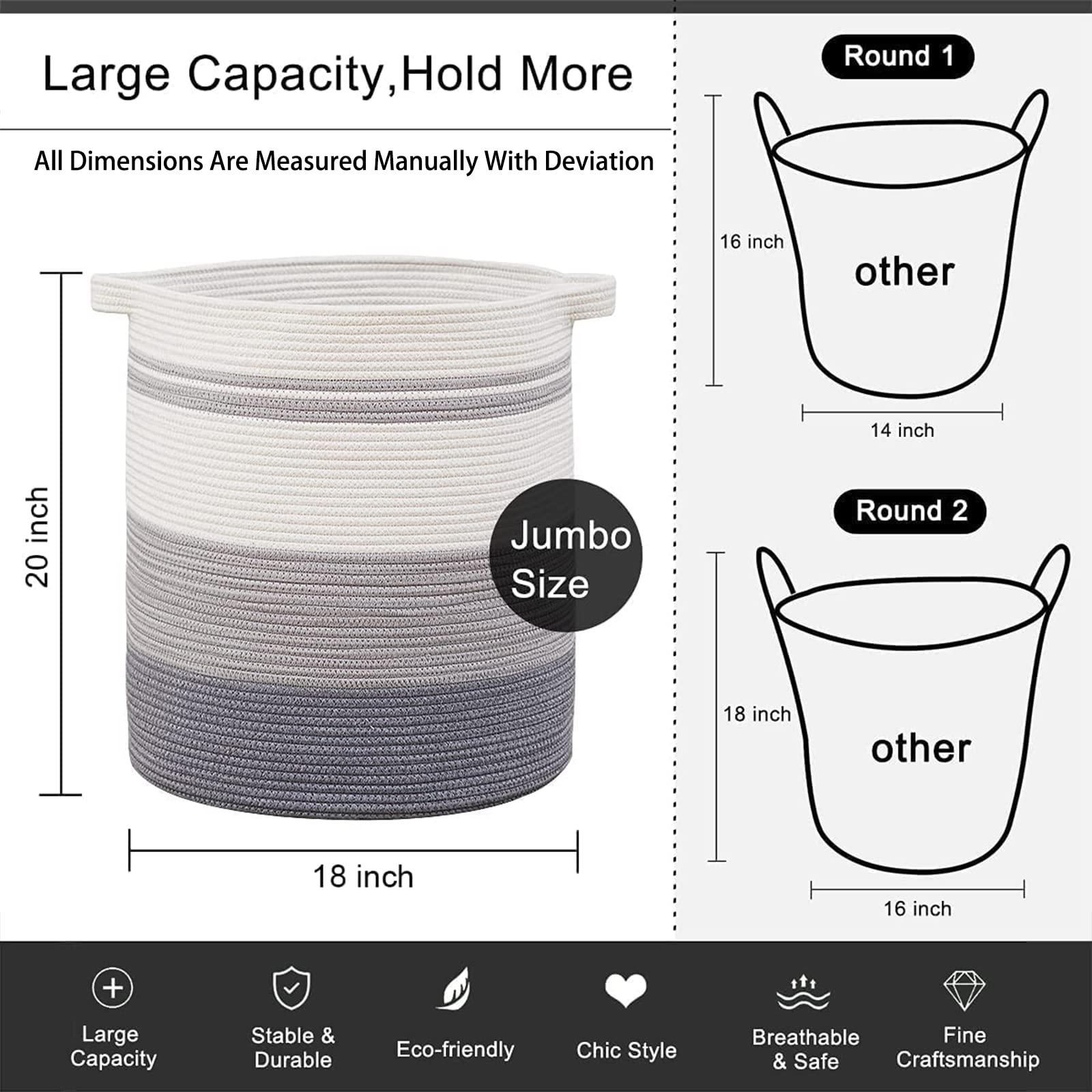 OIAHOMY 80L Laundry Hamper with Handles Decorative Basket for Living room Woven Storage Basket for Toys Bin Pillows  Blankets Clothes-20x18in-Gradient Gray