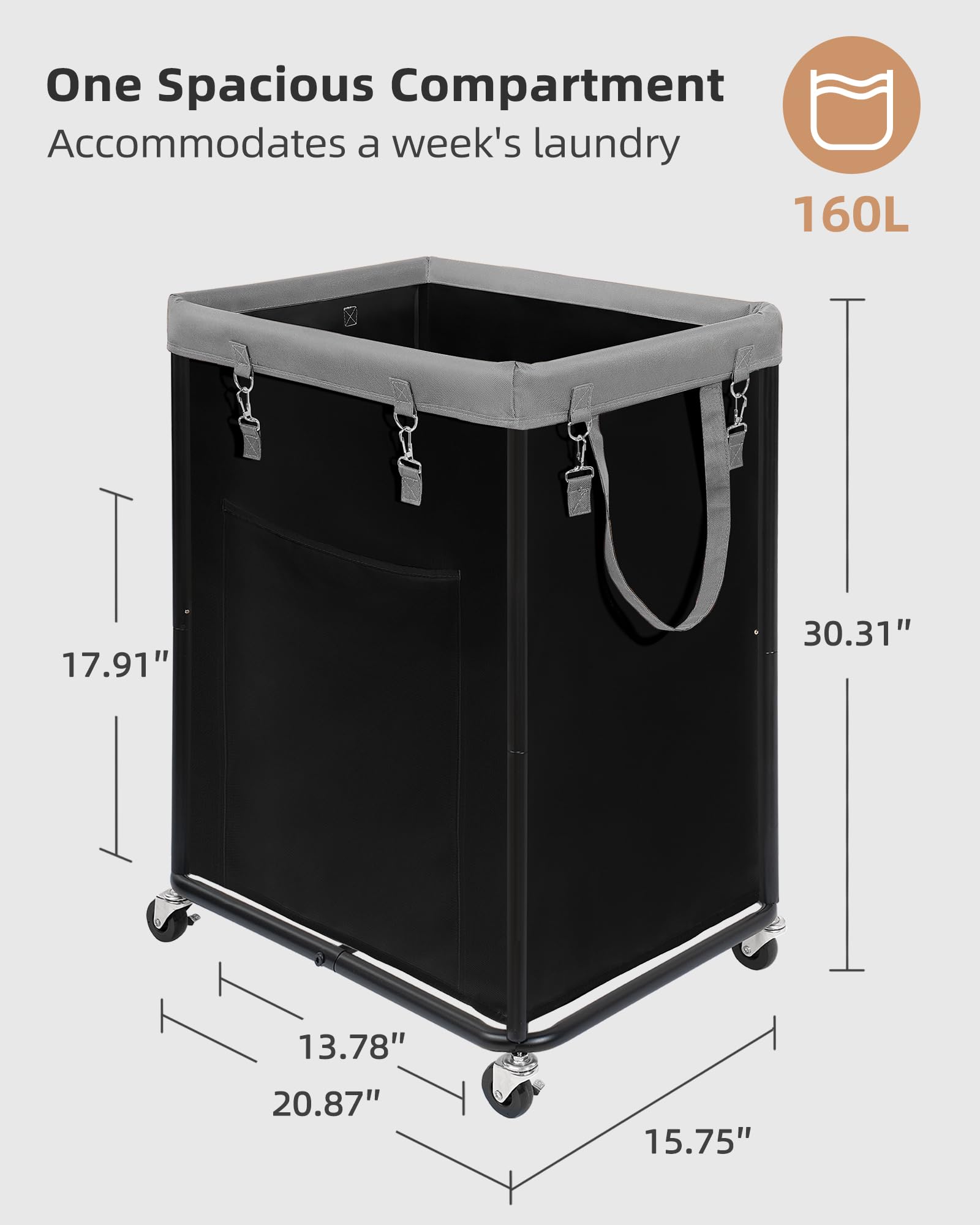 Storage Maniac Large Laundry Basket With Wheels 160L Rolling Laundry Hamper Laundry Cart With Metal Frame And Removable Bag, Clo