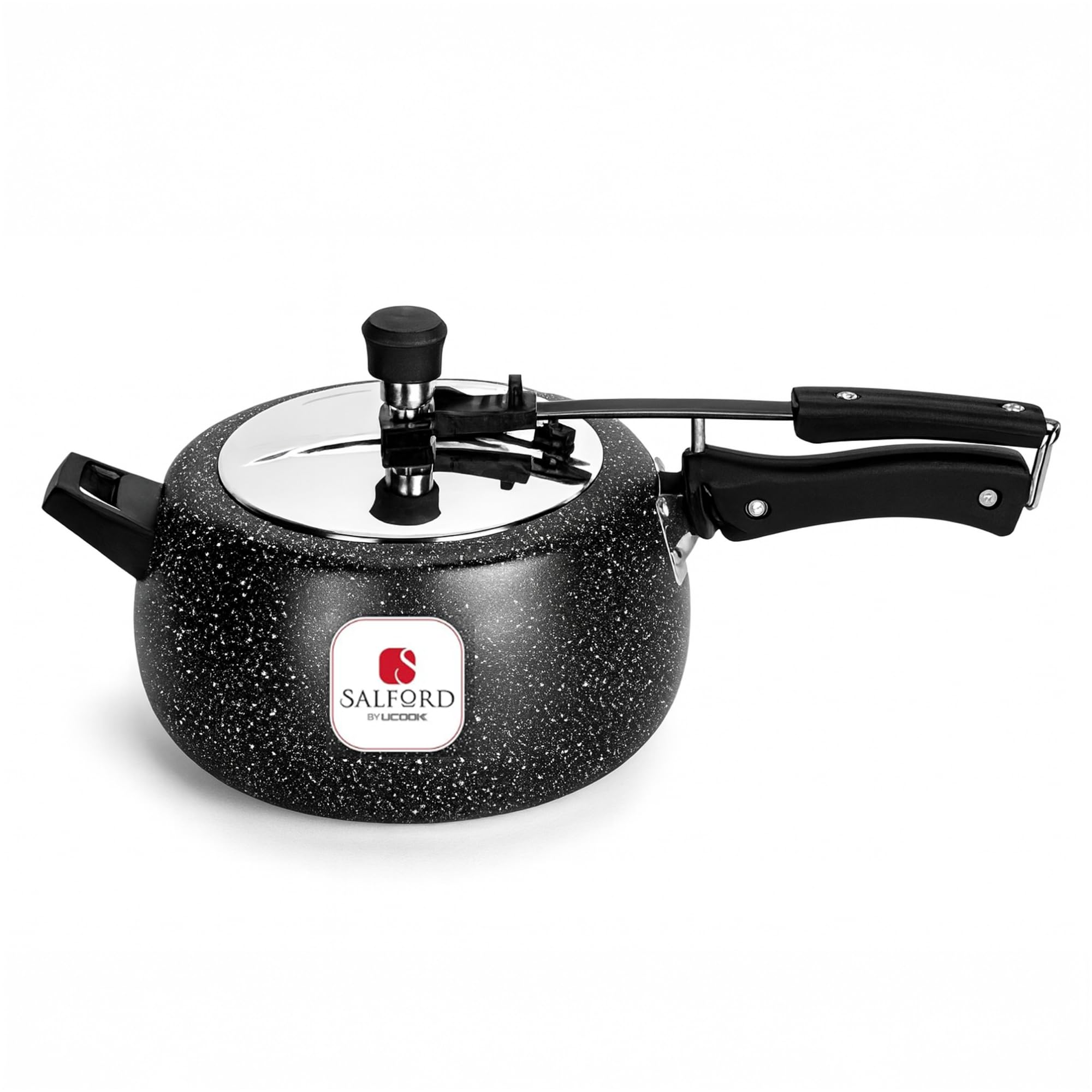 Salford Ceramic Pressure Cooker | InnerLid Bulging Shape | Qpr Inbuilt Cooker | InductionBase Design | Durable Black Spatter E