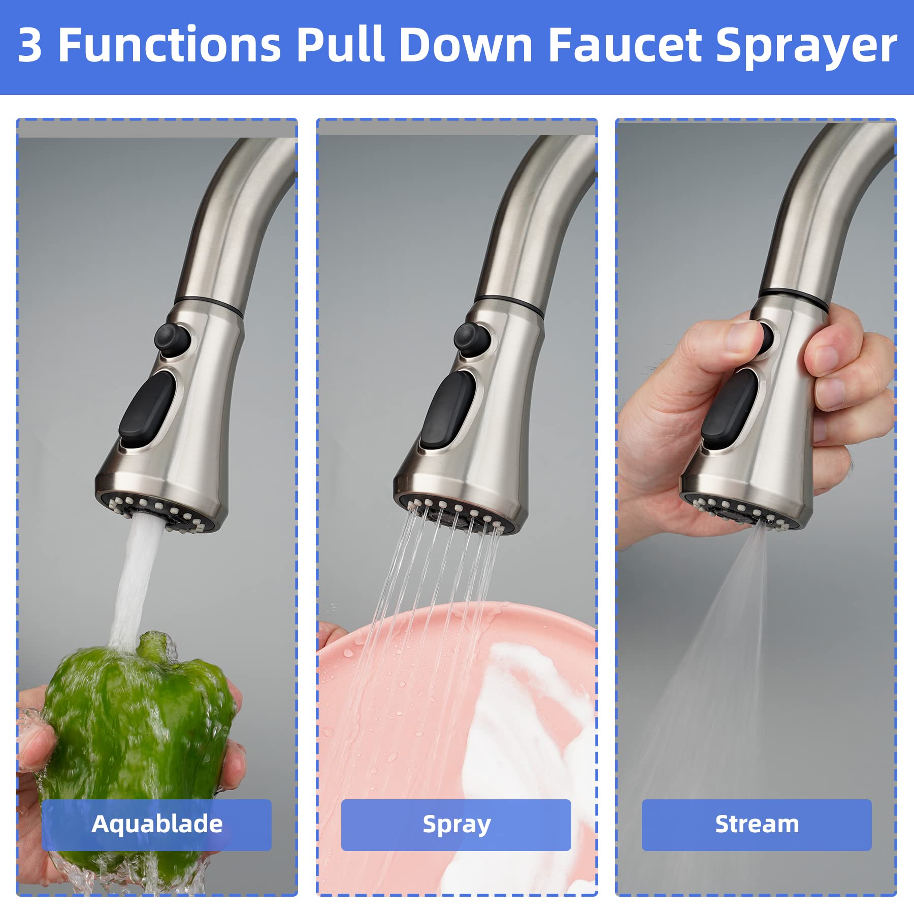Universal Pull Down Kitchen Faucet Head Replacement, 3 Function Anti-Splashing Faucet Head For Kitchen Sink, Kitchen Faucet Head