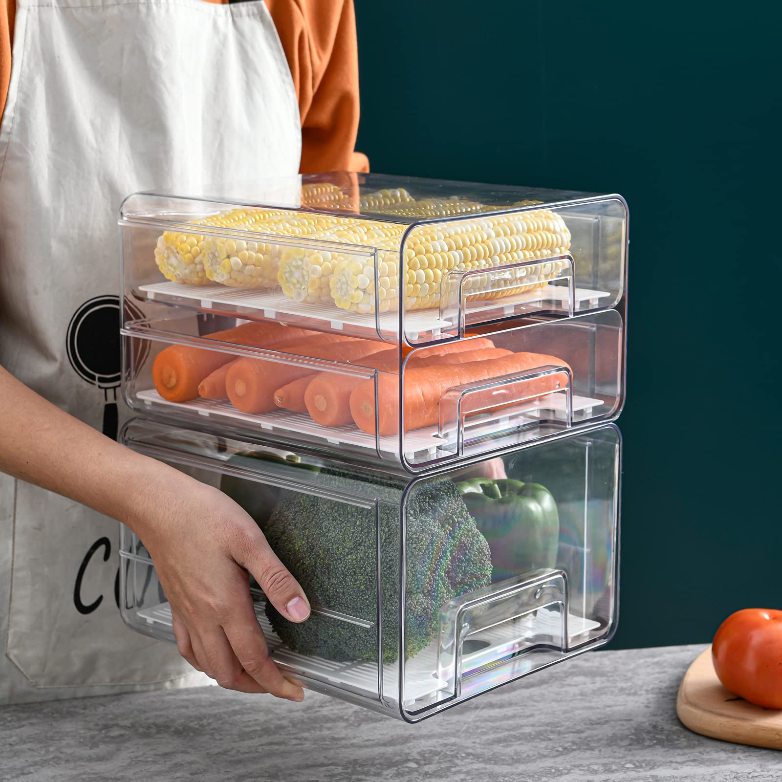 Bigtron Food Storage Double Layer Container With Lids Removable Drain Tray For Refrigerator, Food Fruit Vegetables,Fridge Organi