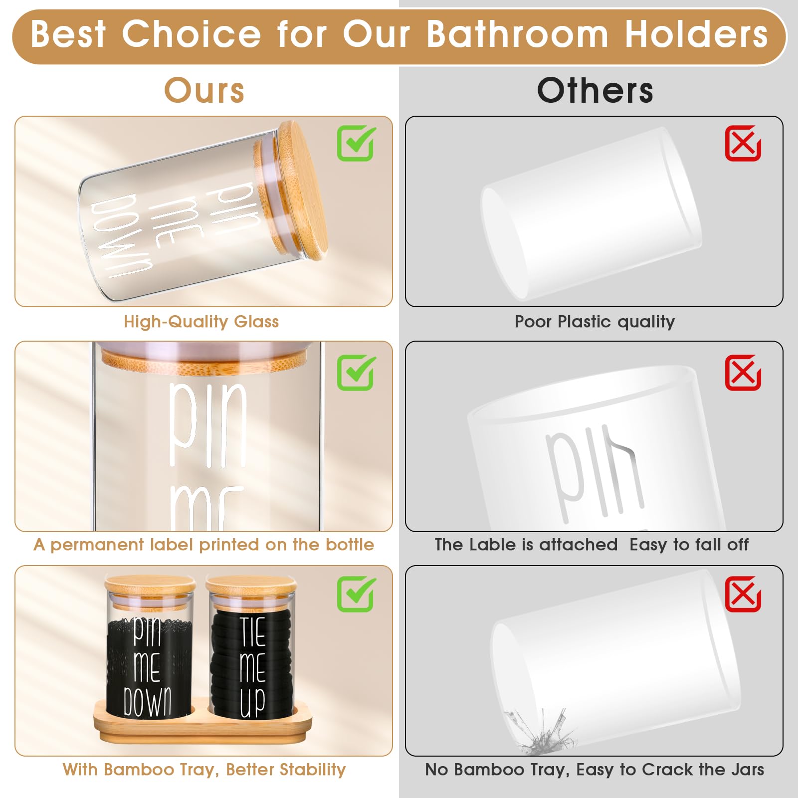 Funny Apothecary Jars 2 Pack Hair Tie Holder Organizers Bathroom Canisters with Tray Bobby Pin Holder Bathroom Jars Accessories Set with Lids for Bathroom d?or Farmhouse Bathroom Storage Organization