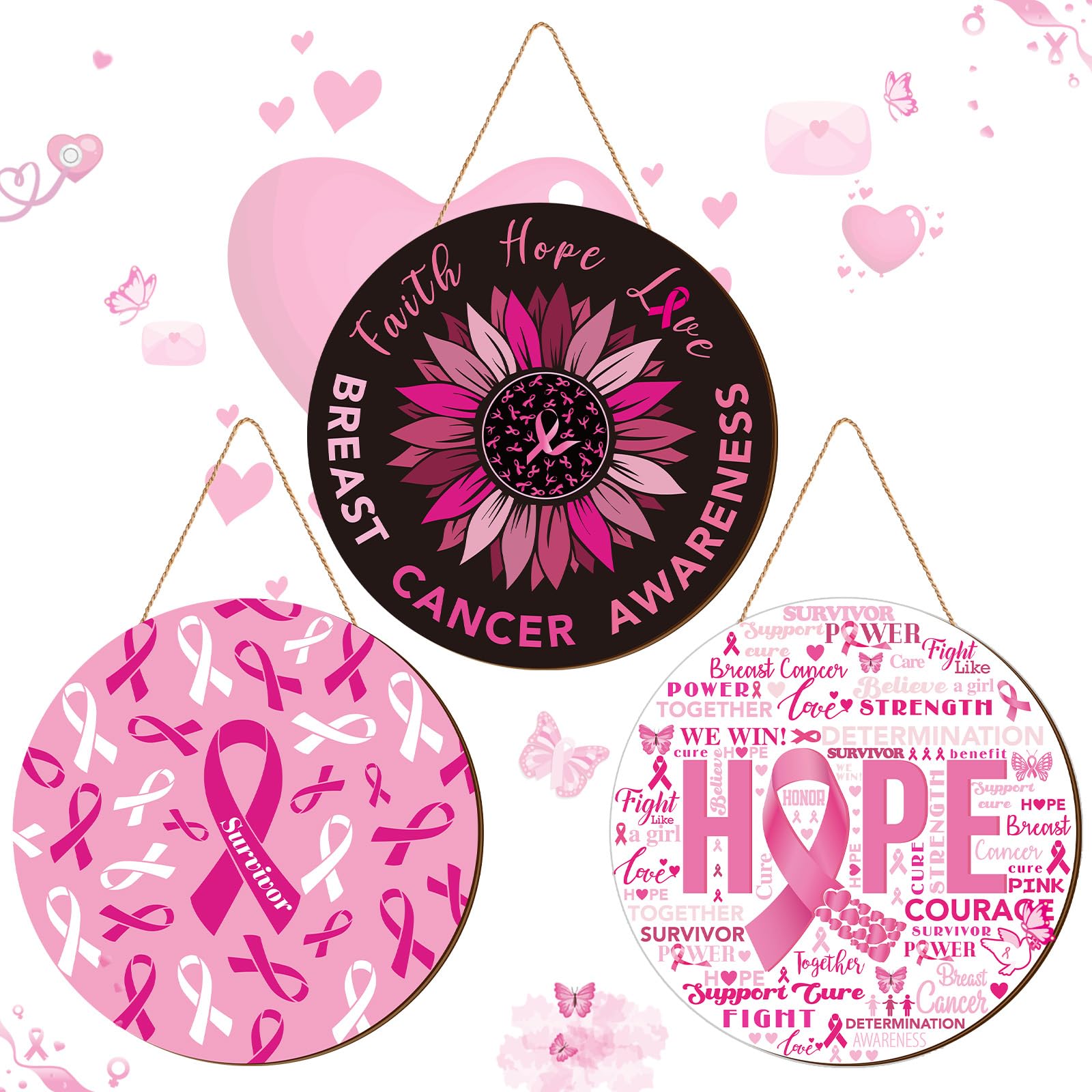 3 Pcs Breast Cancer Awareness Decoration Pink Ribbon Front Door Decor Signs Faith Hope Love Wooden Wreath Breast Cancer Awarenes