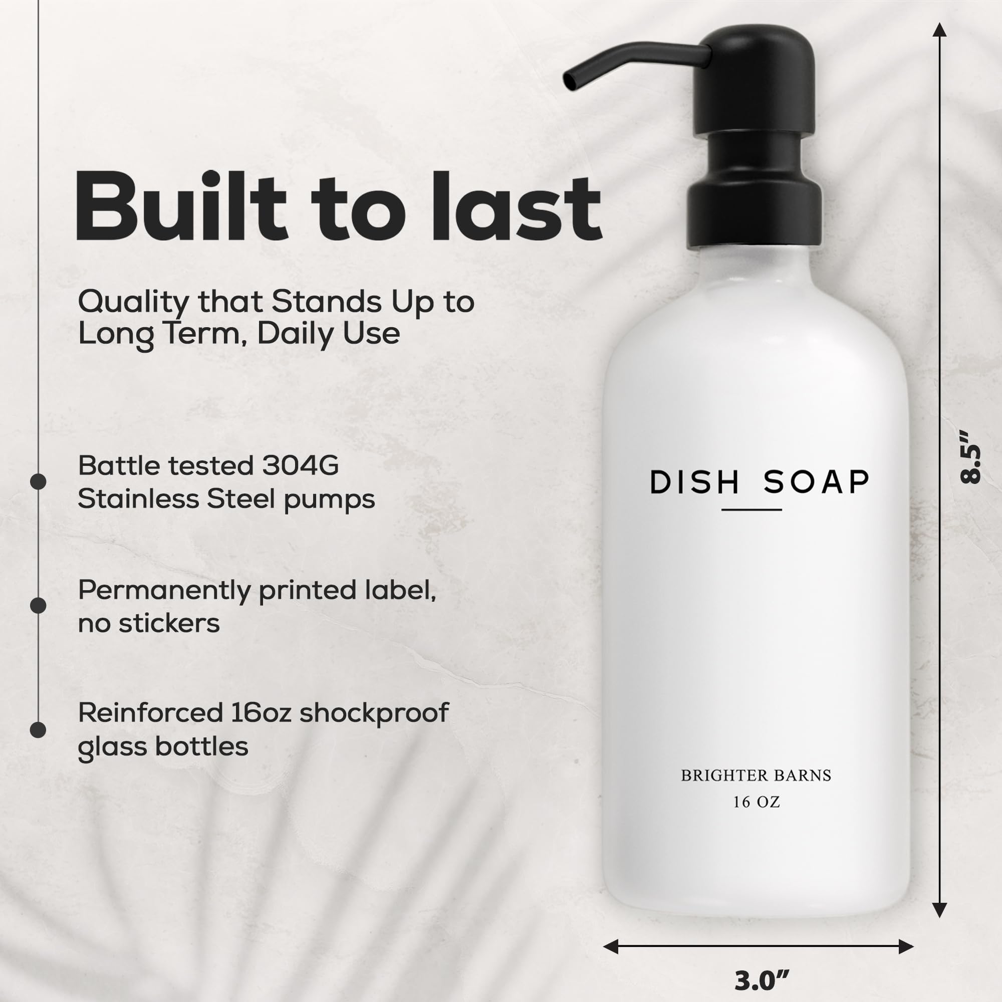 White Glass Hand And Dish Soap Dispenser Set By Brighter Barns - Kitchen Soap Dispenser & Stainless Steel Pump - Soap Dispenser