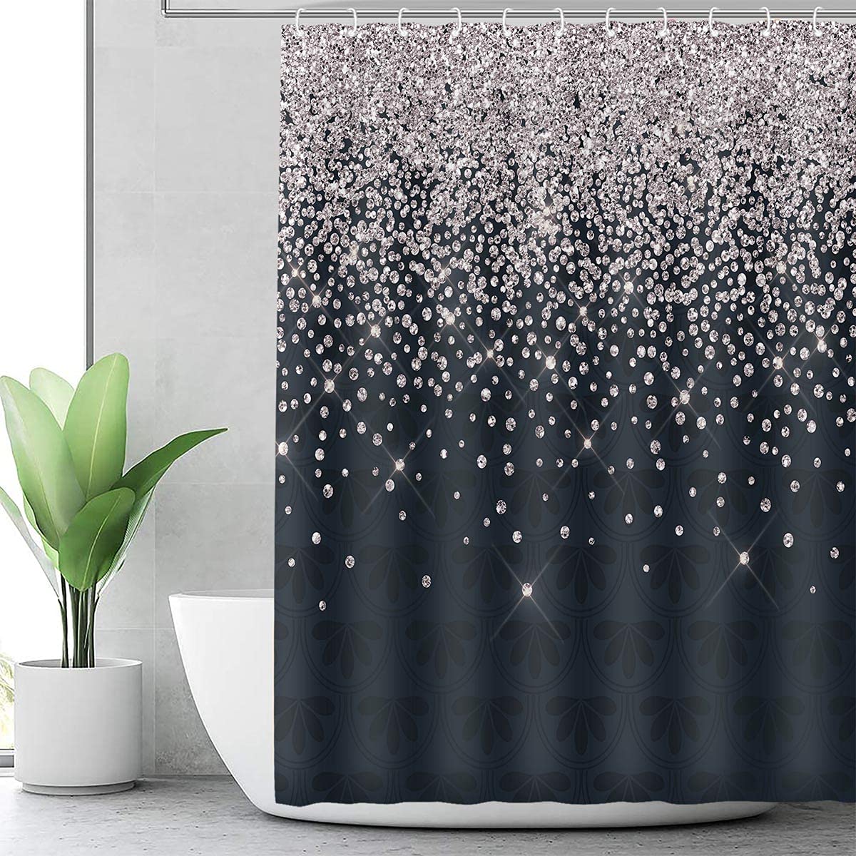 Tersum Silver Gray Bokeh Gorgeous (No Sparkles Or Glitter) Shower Curtain,Falling Snow Night Sky Stars Black Night 3D Printed Fa