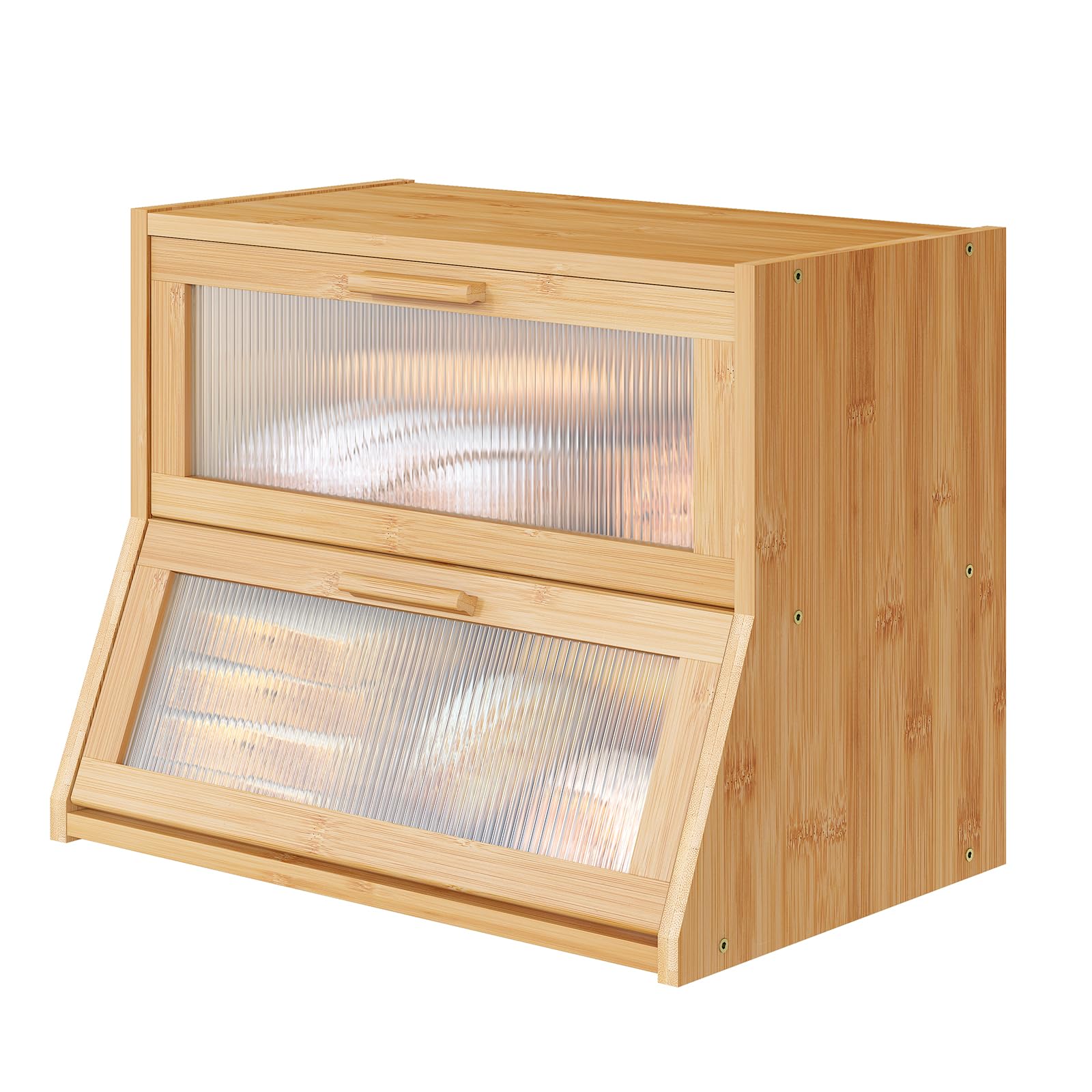 Vriccc Bread Box For Kitchen Counter, Large Bamboo Wooden Double Layer Large Capacity Bread Storage Bin With Acrylic Wavy Door P