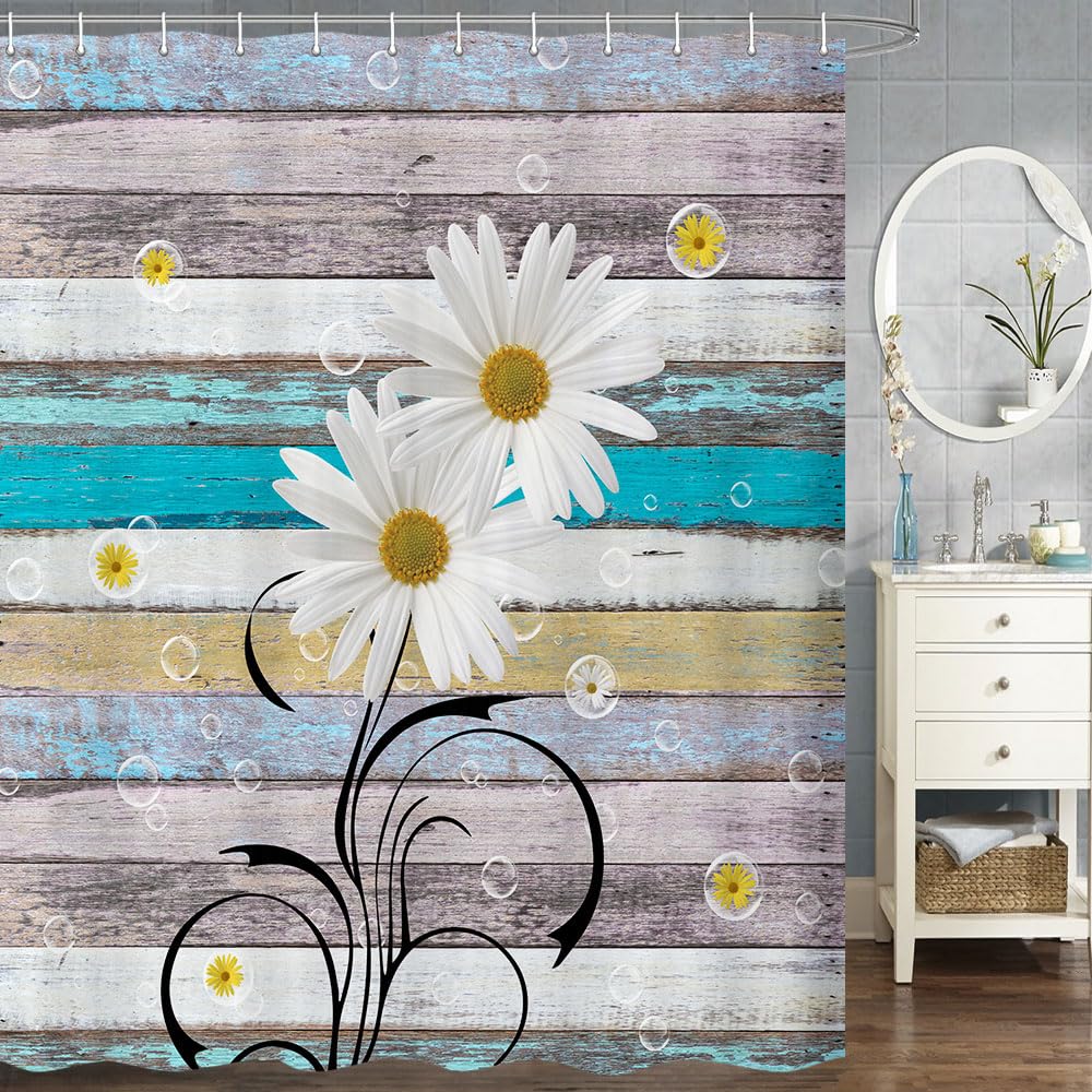 Jawo Daisy Shower Curtain, Rustic Shower Curtain, Daisy Floral On Rustic Wooden Shower Curtain Farmhouse Shower Curtain, Country