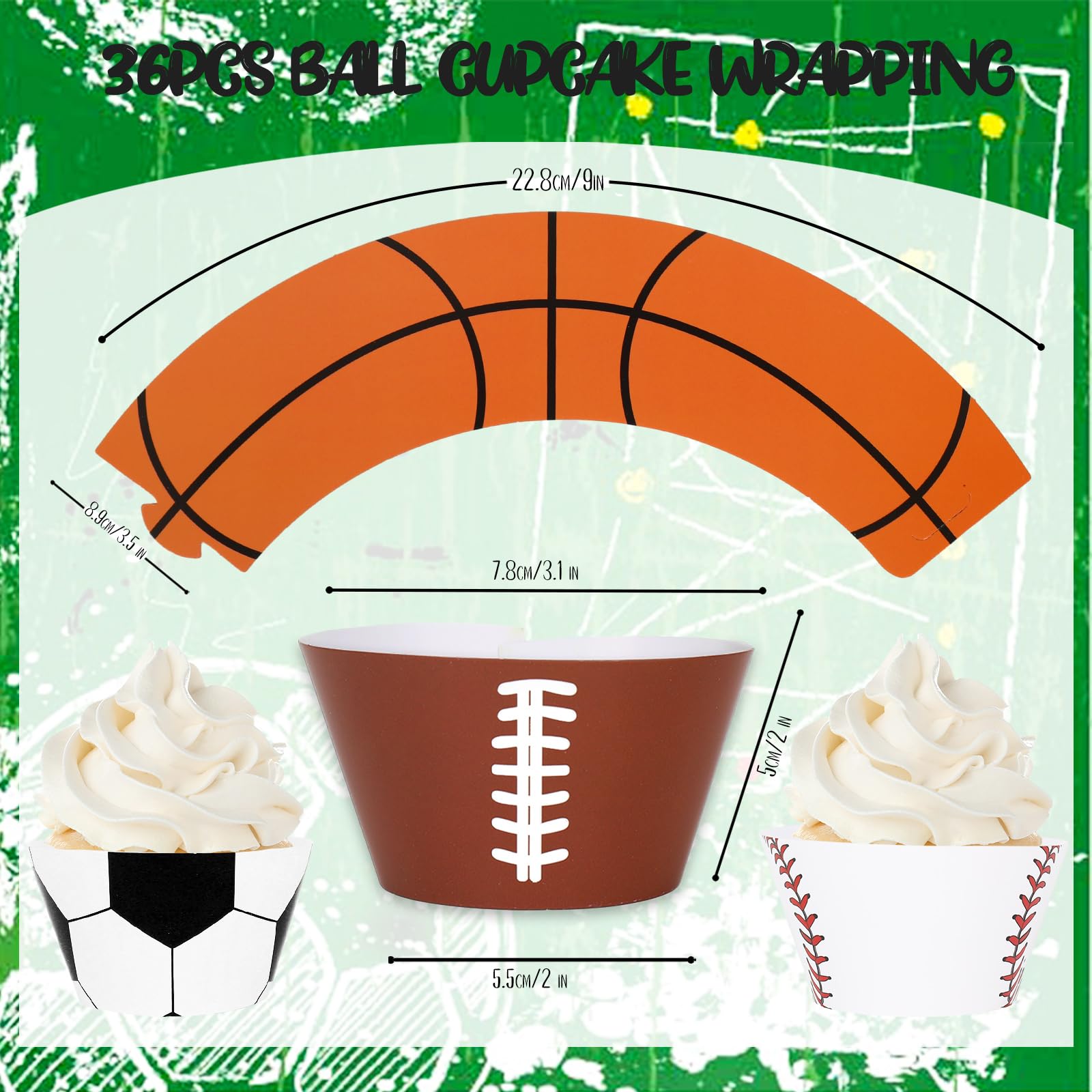 Whaline 36Pcs Sports Theme Cupcake Wrappers Basketball Football Baseball Rugby Cupcake Liners Ball Game Paper Baking Cup Decorat