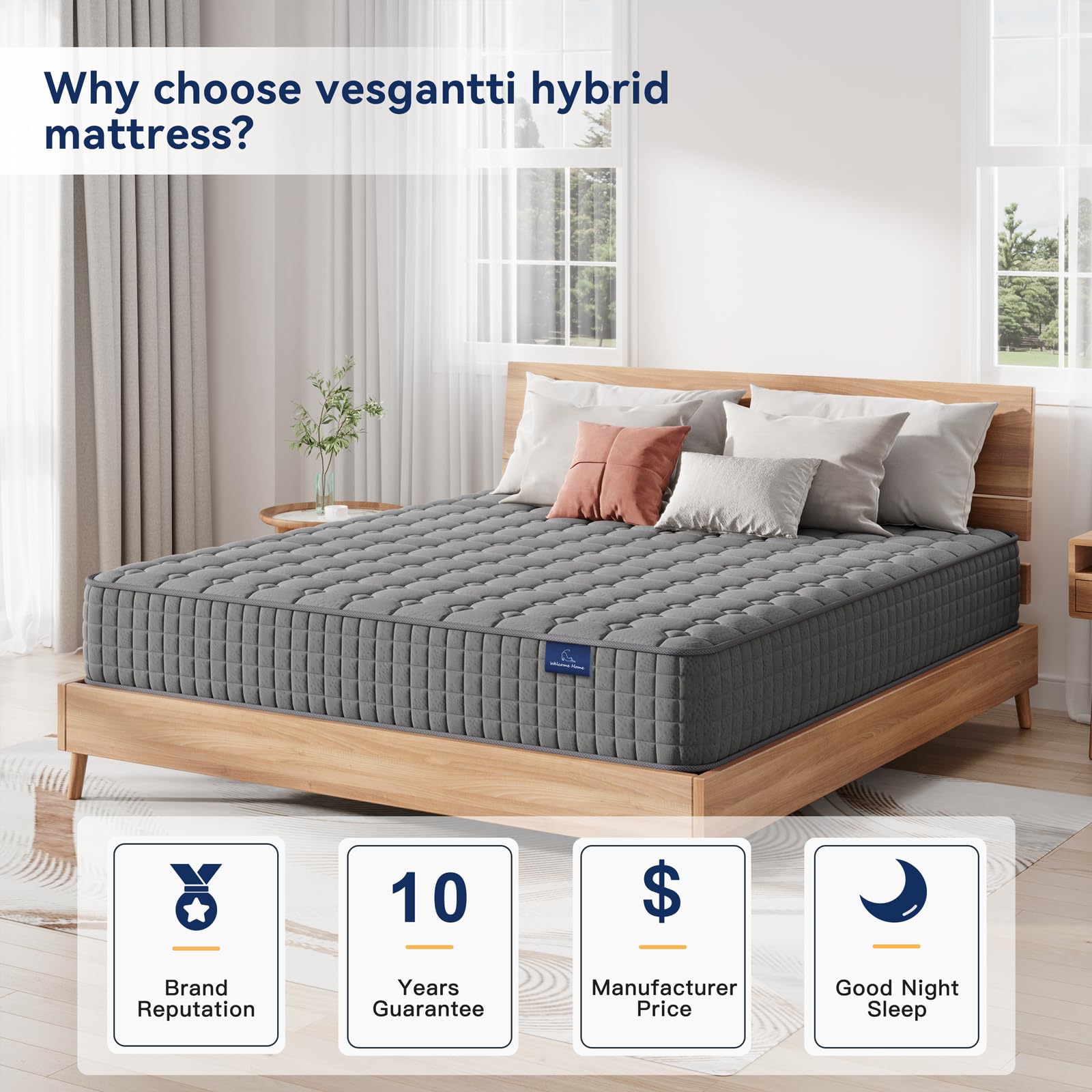 Vesgantti 8 Inch Multilayer Hybrid Twin Mattress - Multiple Sizes & Styles Available  Ergonomic Design with Memory Foam and Pocket Spring  Medium Firm Feel  Grey